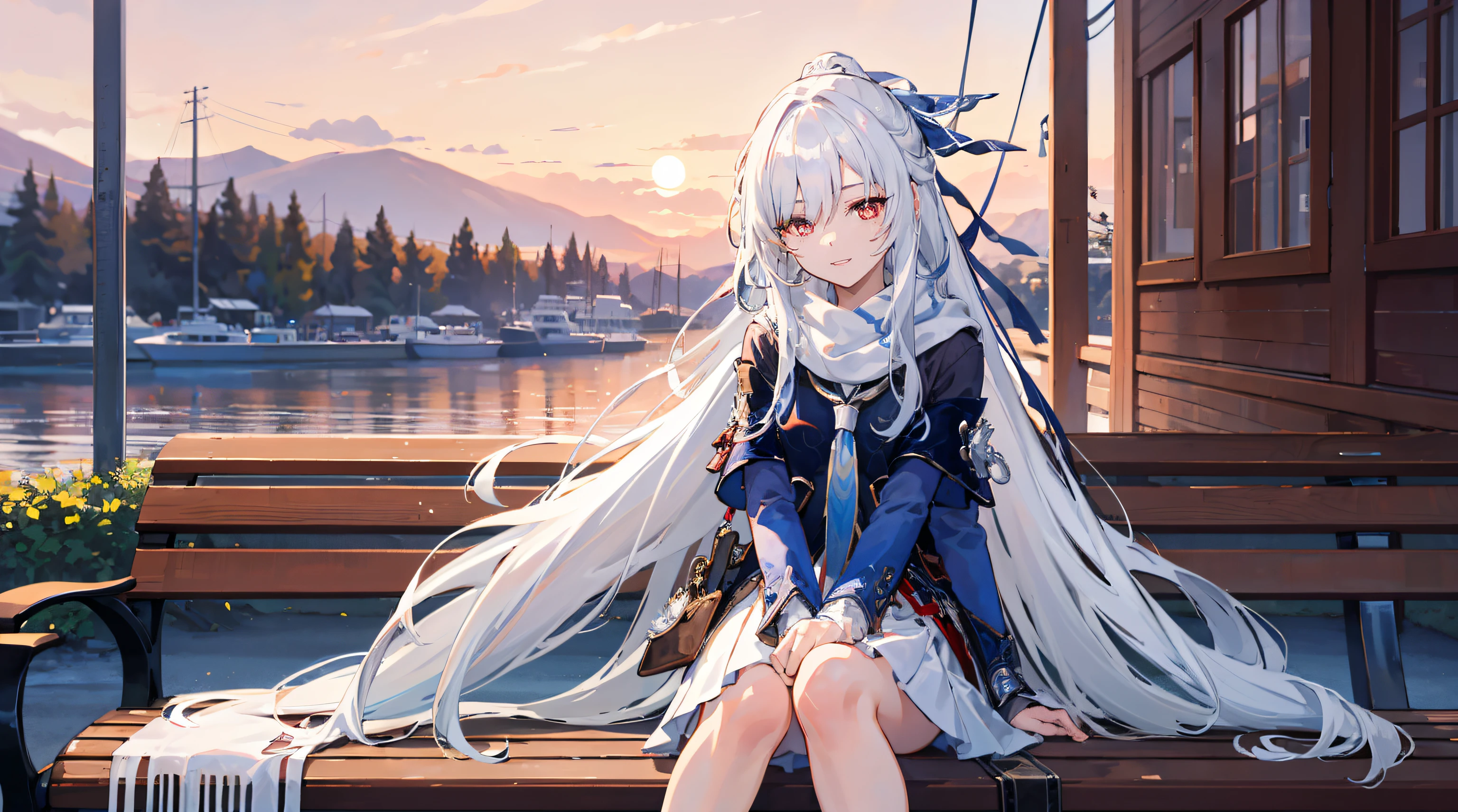 1girl, Best Quality 8K, 1girl, white hair, red eyes, whte dress, white skirt, white sailor collar, white scarf, sitting on bench, hands on the lap, blue sky, sunset, outdoors, smile. look at viewers,