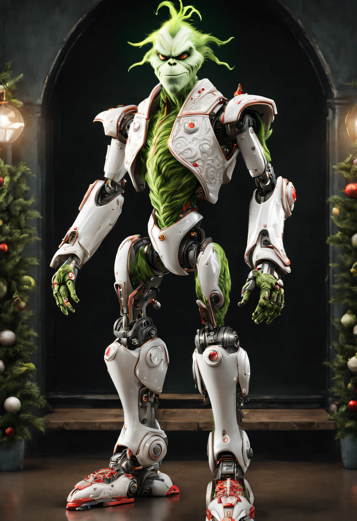 (Best quality,4K,8K,A high resolution,tmasterpiece:1.2),ultra - detailed,(actual,realistically,realisticlying:1.37),(White Porcelain Grinch Robot:1.5,Grinning:1.3)，Shiny white porcelain robot skull radiant glow side profile, Blooming colorful flowers,gear wheel,gear wheel, Complicated details, Ghost Valley,Be expressive, role model, anatomically accurate, professional, styling, Octagonal rendering,ray traycing, reflector, refractions, Volumetriclighting, neonlight