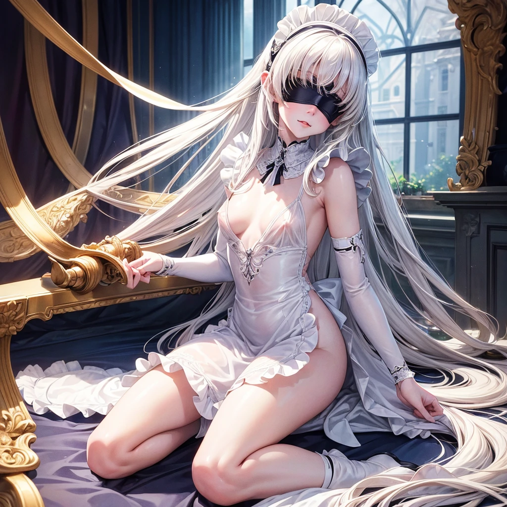 (masterpiece,best quality 1 4),super fine illustration,shiny pale white skin,detailed skin,detailed face,detailed eyes,an extremely cute and beautiful girl,beautiful face, shinny long hair, (maid costume), kneeling, curtsey, full body,skinny,(small breast), awaiting tongue, on the bed, (blindfold), show off nipples, clothed