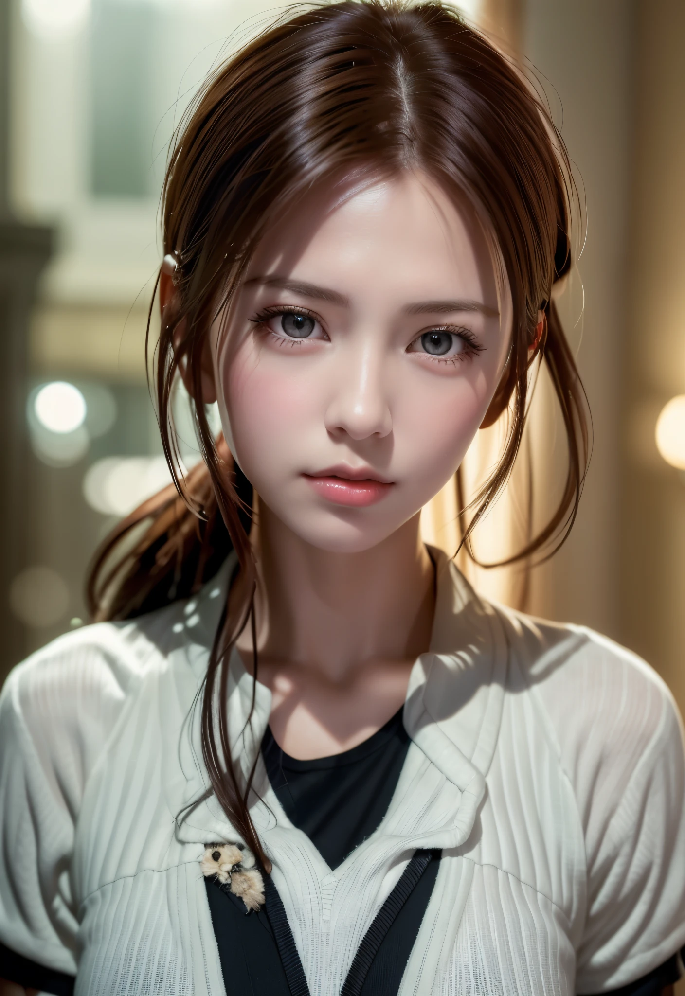 8K, of the highest quality, masutepiece:1.2), (Realistic, Photorealsitic:1.37), of the highest quality, masutepiece, Beautiful young woman, Pensive expression, Thoughtful look, Dressed as a nurse, Hair tied back, Messy mood, Cinematic background, Tired, Light skin tone