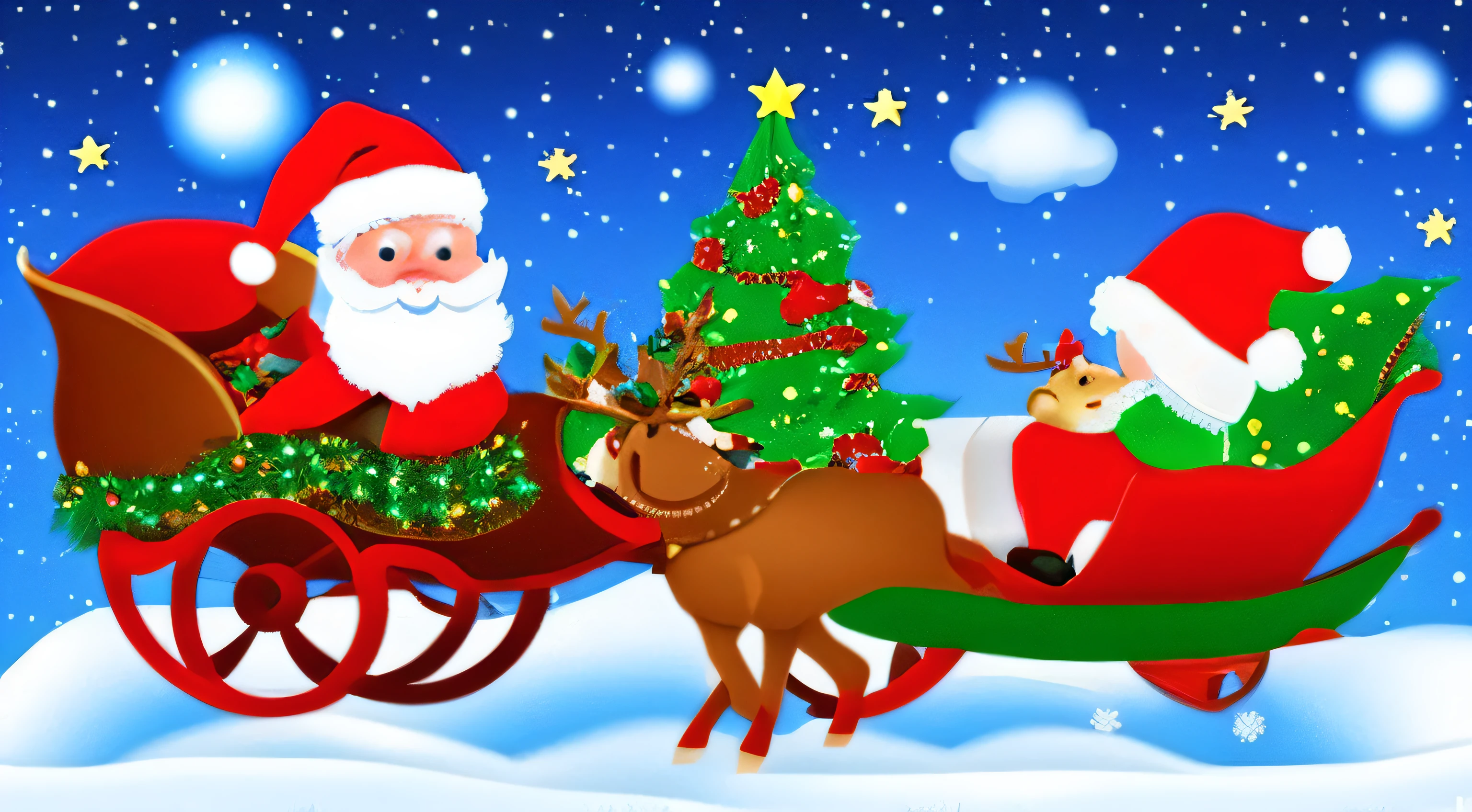 Xmas,Cute Santa Claus,Christmas,reindeer,Santa Claus on a reindeer sleigh,Flying in the night sky,