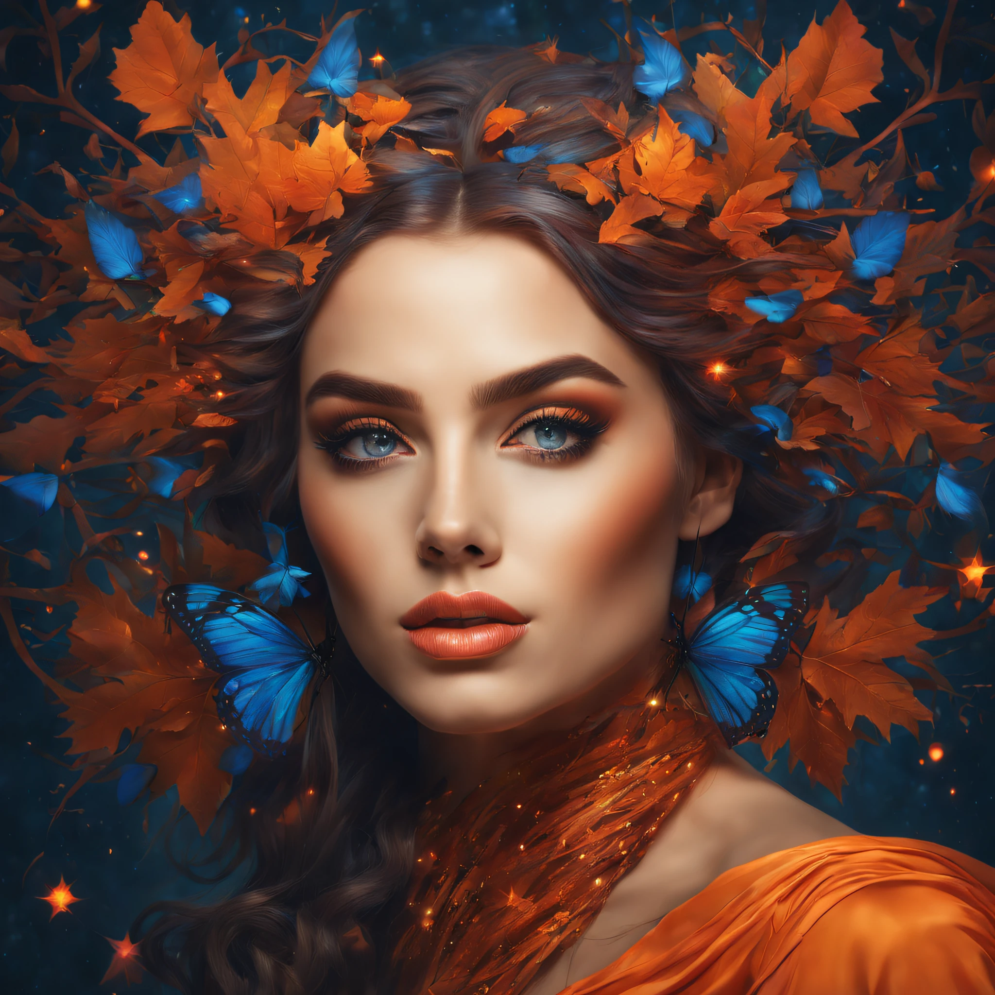 Hyper realistically detailed, magical pop art style of a beautiful and mysterious woman's face, with hair decorated in a magical style, with beautiful makeup with magic, in a magical and beautiful forest, magical art style, with orange coloring with blue and red and tie it up, 8k.