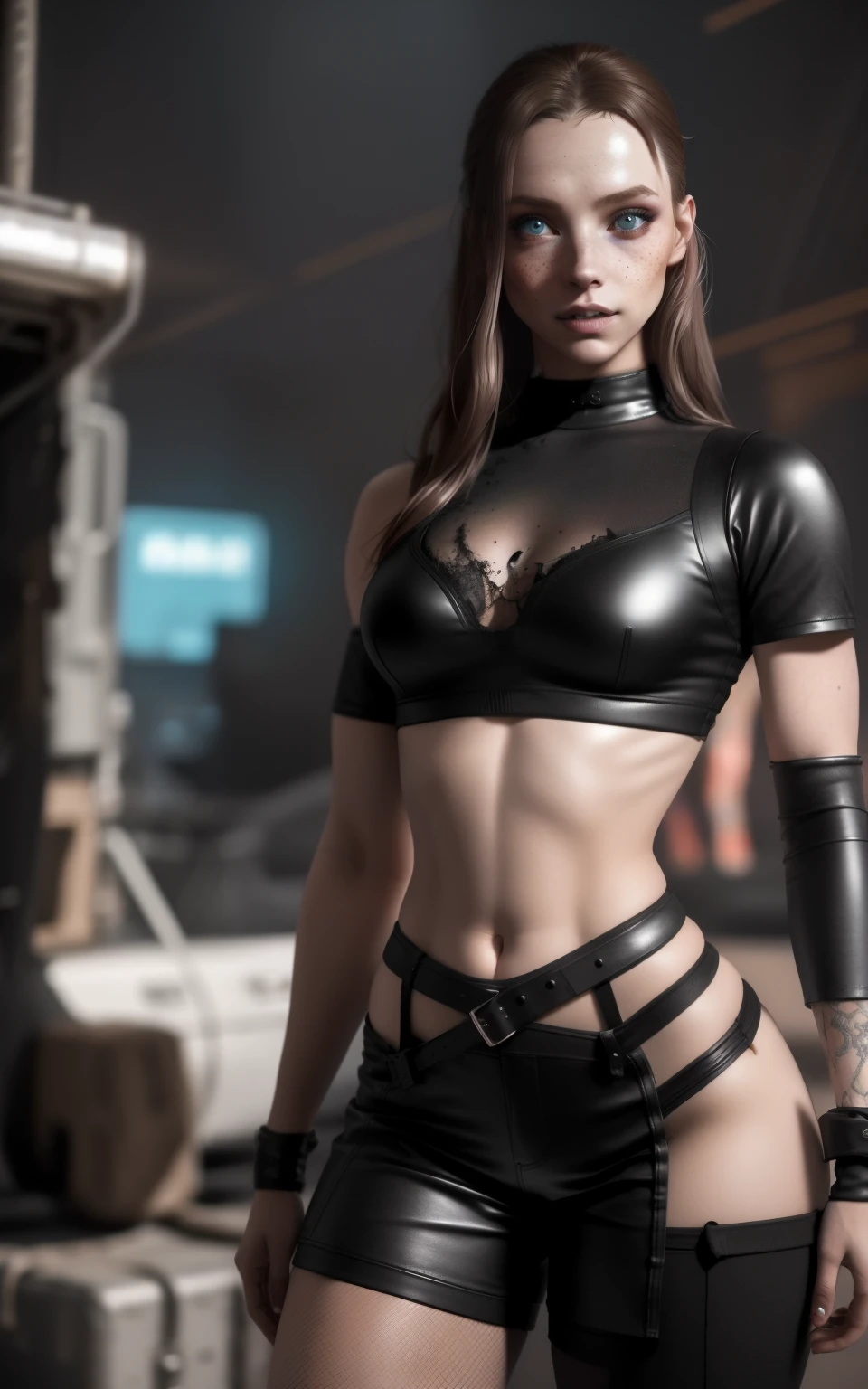 Post-apocalyptic sexy female (enjinight) warrior in shirt and black fishnets, wide hips, scantily clad, cyberpunk model wearing black leather, black dress, black skintight and skintight crop top, ((exposed midriff)), freckles, trending on instagram, style realistic photography