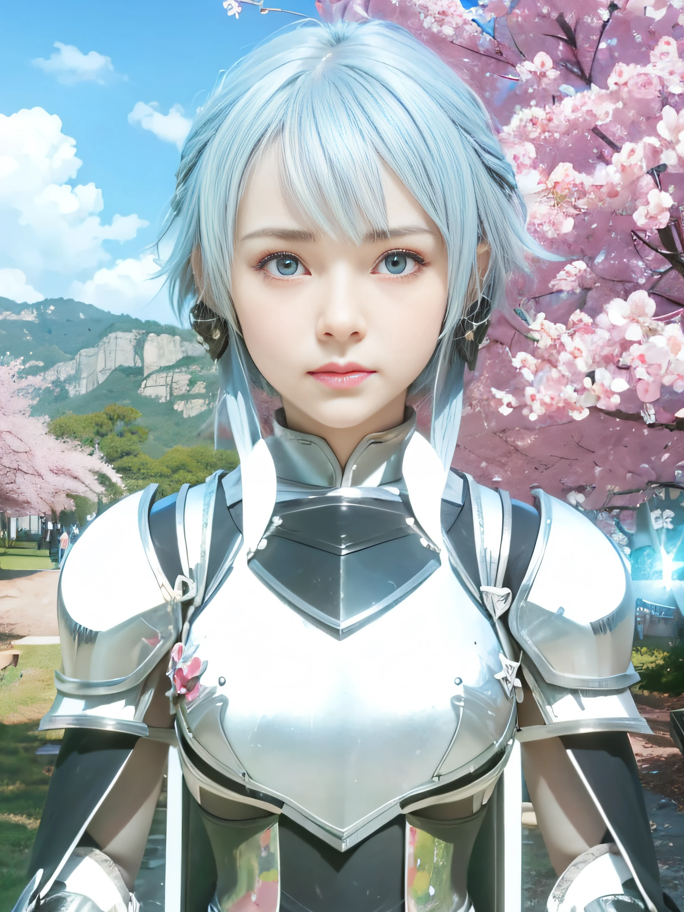 masterpiece, best quality, (realistic, photo-realistic:1.4), (RAW photo:1.2), extremely detailed CG unity 8k wallpaper, delicate and beautiful, amazing, finely detail, official art, absurdres, incredibly absurdres, huge filesize, ultra-detailed, extremely detailed, extremely detailed girl, extremely detailed eyes and face, light on face,(teen girl:1.7),little smile,sinon,hair ornament, hair between eyes, short hair, sidelocks.black ribbon,(silverknight armor:1.6),blue hair,sakura flower background