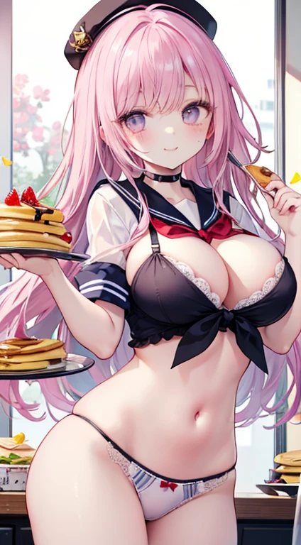 1 woman、Her pale pink hair is studded with flowers.、Amethyst eyes are shining brightly、big breasts and seductive breasts、You can see the cleavage well、Sailor suit with lots of frills、High school students、eating pancakes、Navel Ejection、Transparent underwear and sailor suit、pancake shop、a smile、Eating deliciously、