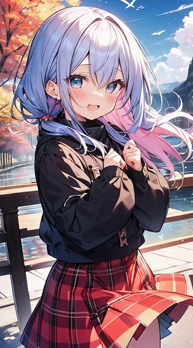 masutepiece, Best Quality,Illustration, Wallpaper, ultra -detail, Absurd beauty, 1beautiful girl、Bright hair color、Glitter and big eyes、Hair fluttering in the wind、♡、Landscape from autumn to winter、great laughter、skirt by the、Futomo