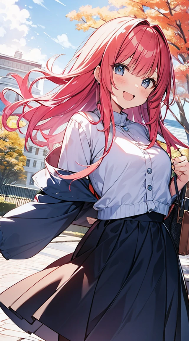 masutepiece, Best Quality,Illustration, Wallpaper, ultra -detail, Absurd beauty, 1beautiful girl、Bright hair color、Glitter and big eyes、Hair fluttering in the wind、♡、Landscape from autumn to winter、great laughter、skirt by the、Futomo