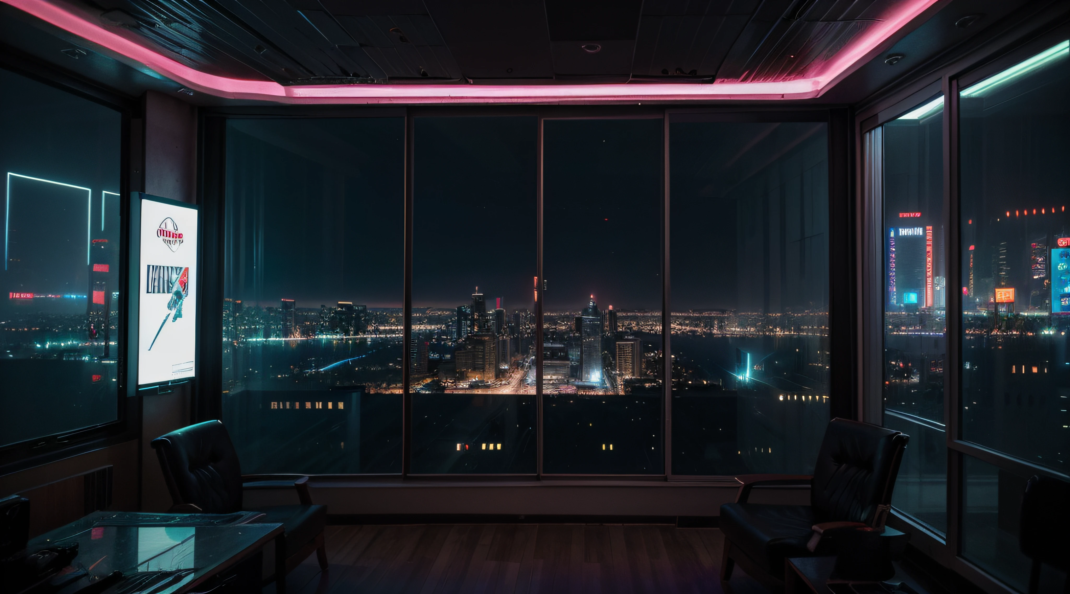 Cidade cyberpunk, cena noturna, luzes de neon, Holographic billboards, through a large window of a futuristic room. foto-realista, fotografia profissional, profundidade de campo.
