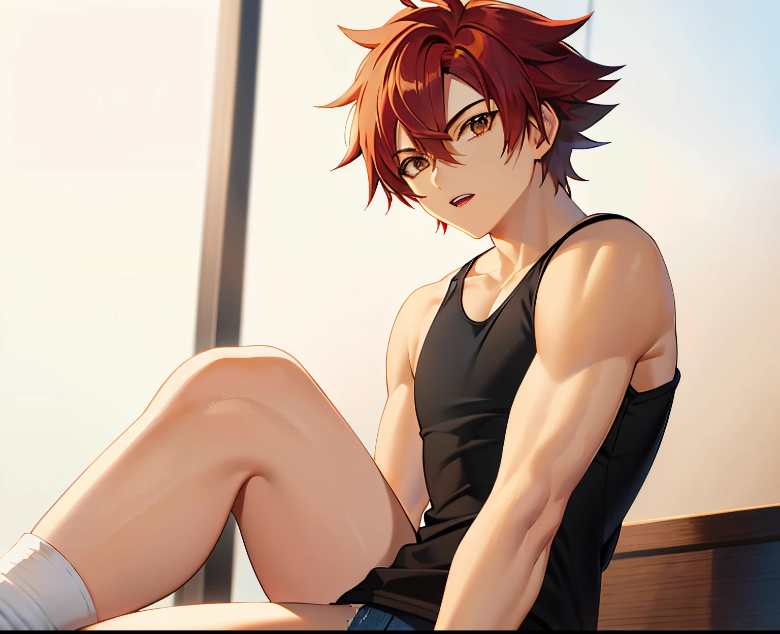 Red haired anime boy sitting on floor with legs crossed, Anime Boy, anime style character, garments:Black tank top, boy wearing denim shorts, In anime style, anime styled, Anime style, Muscular men, Knight of Zodiac Boy, short ponytail red hair, In an anime style, masculine and muscular, Bare arms, Bare shoulders,