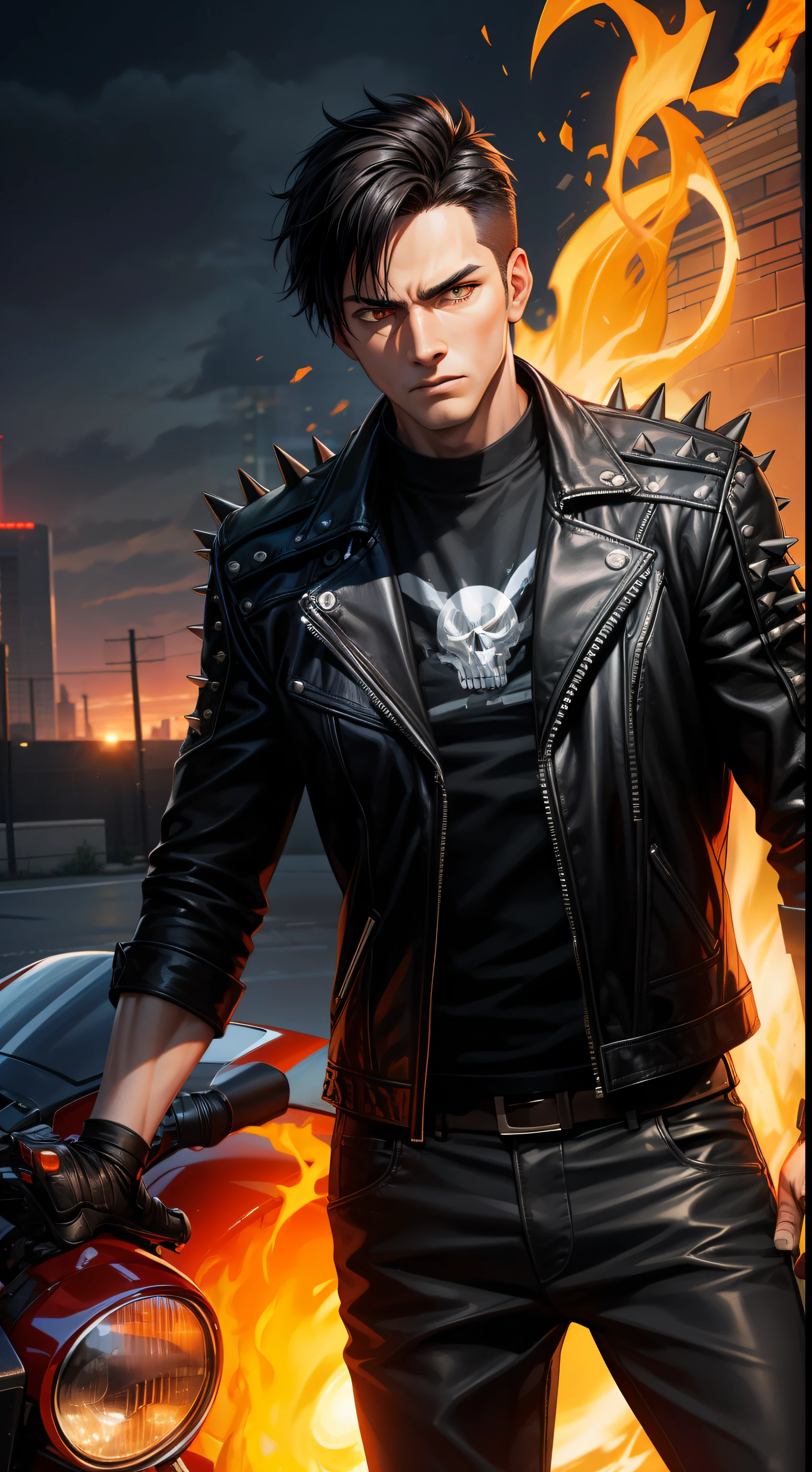 Grown-up guy, short black hair, Orange Eyes, leather jacket with spikes, circuits, Ghost Rider, Masterpiece, hiquality