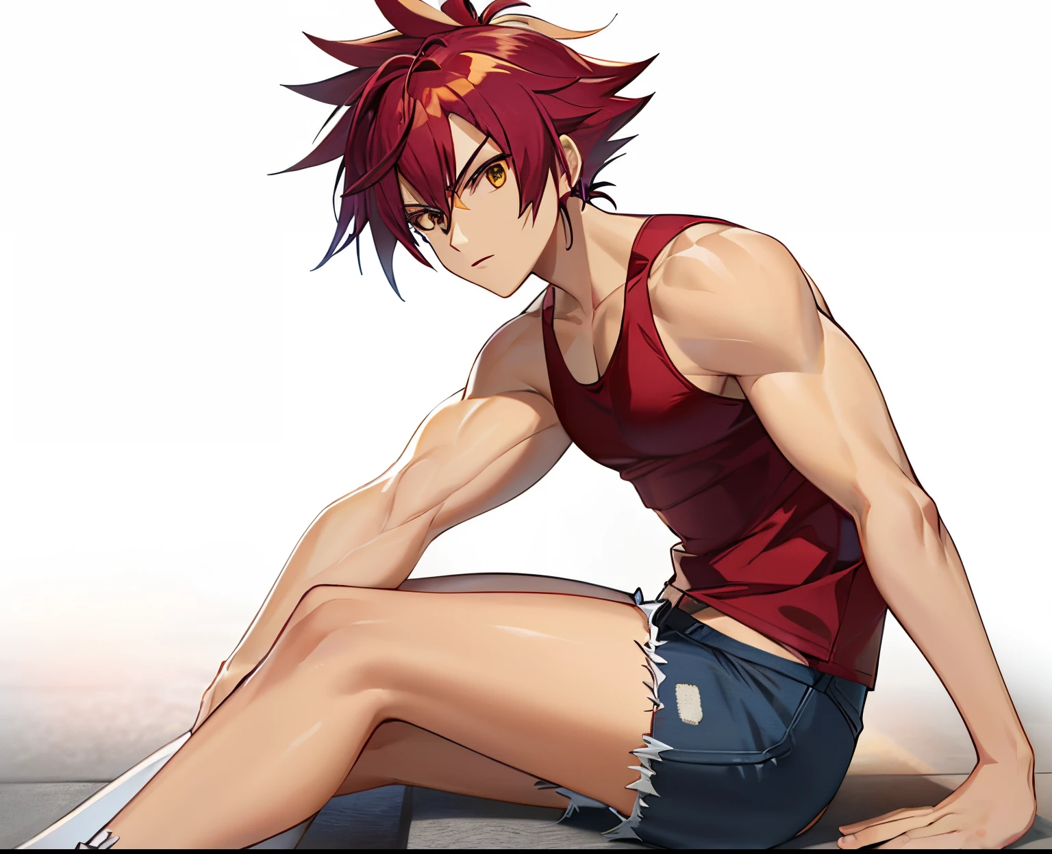 Red haired anime boy sitting on floor with legs crossed, Anime Boy, anime style character, garments:Black tank top, boy wearing denim shorts, In anime style, anime styled, Anime style, Muscular men, Knight of Zodiac Boy, short ponytail red hair, In an anime style, masculine and muscular, Bare arms, Bare shoulders,