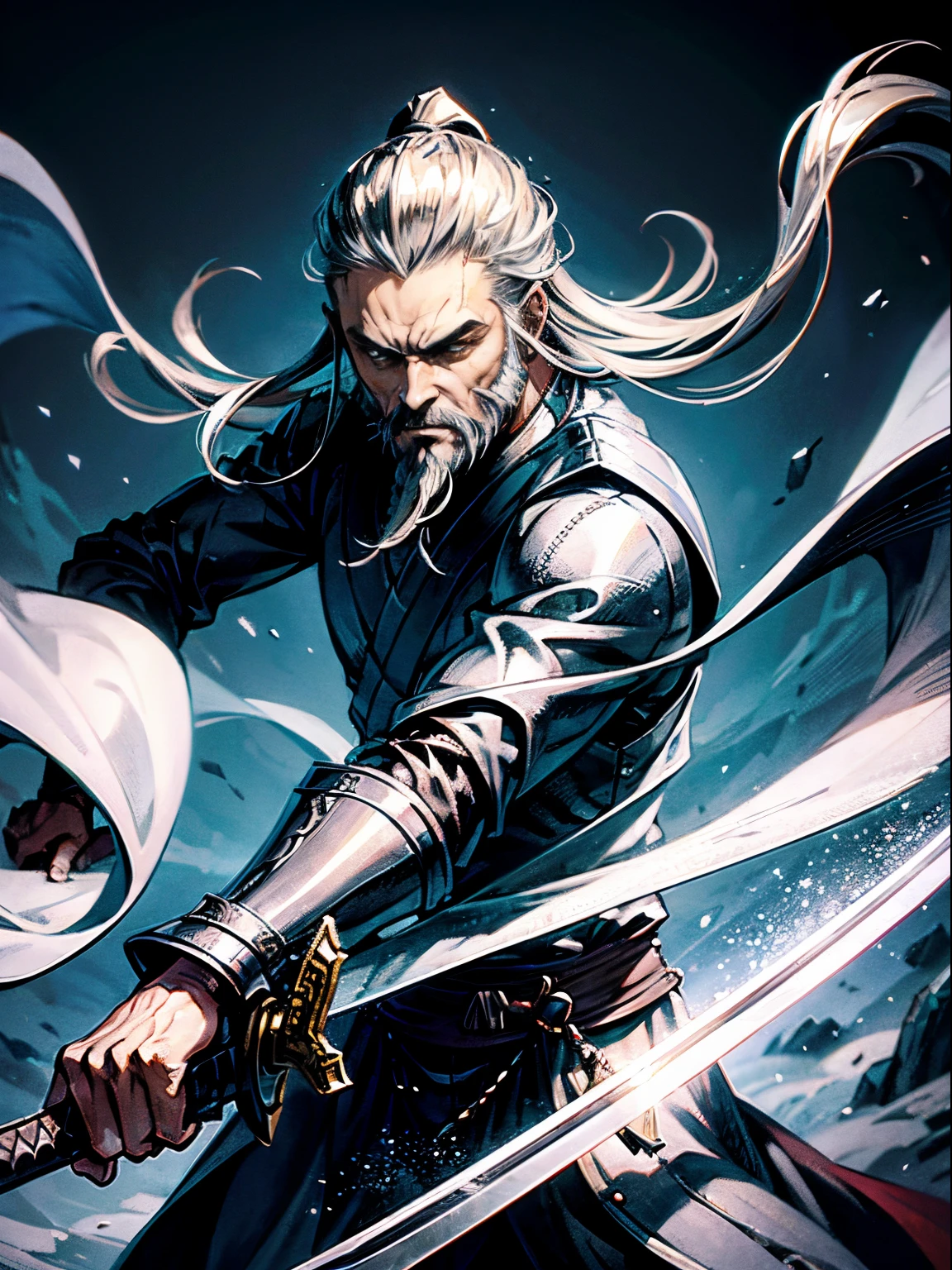 Ground ruffians,thin man,shifty,little beard,Silver clothes,large sword,Full of evil(Best Picture Quality,4K,A high resolution:1.2),hyper-detailing,realistically)super detailing,highly details,Chinese Ancient Times,ancient wind,fully body photo