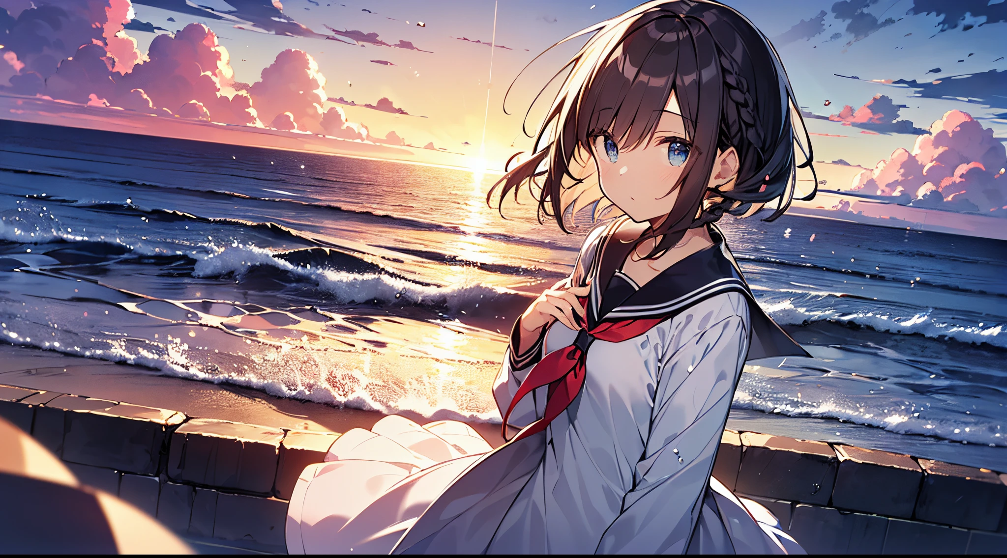 masutepiece, Best Quality,Illustration, Wallpaper, Ultra Detail, absurderes, 1girl in, Solo, (Medium short hair、short braided hair), Beautiful detailed eyes, beautiful detailed fingers,after rain , (Ocean type:1.3), Sunset sky after rain、Hair that flutters in the wind,(a panoramic view:1.3),(Sense of depth:1.5),(longshot:1.3)、early evening、(Sunset sky),a sailor suit,The ribbon on my chest is fluttering in the wind,(moderate shaking)