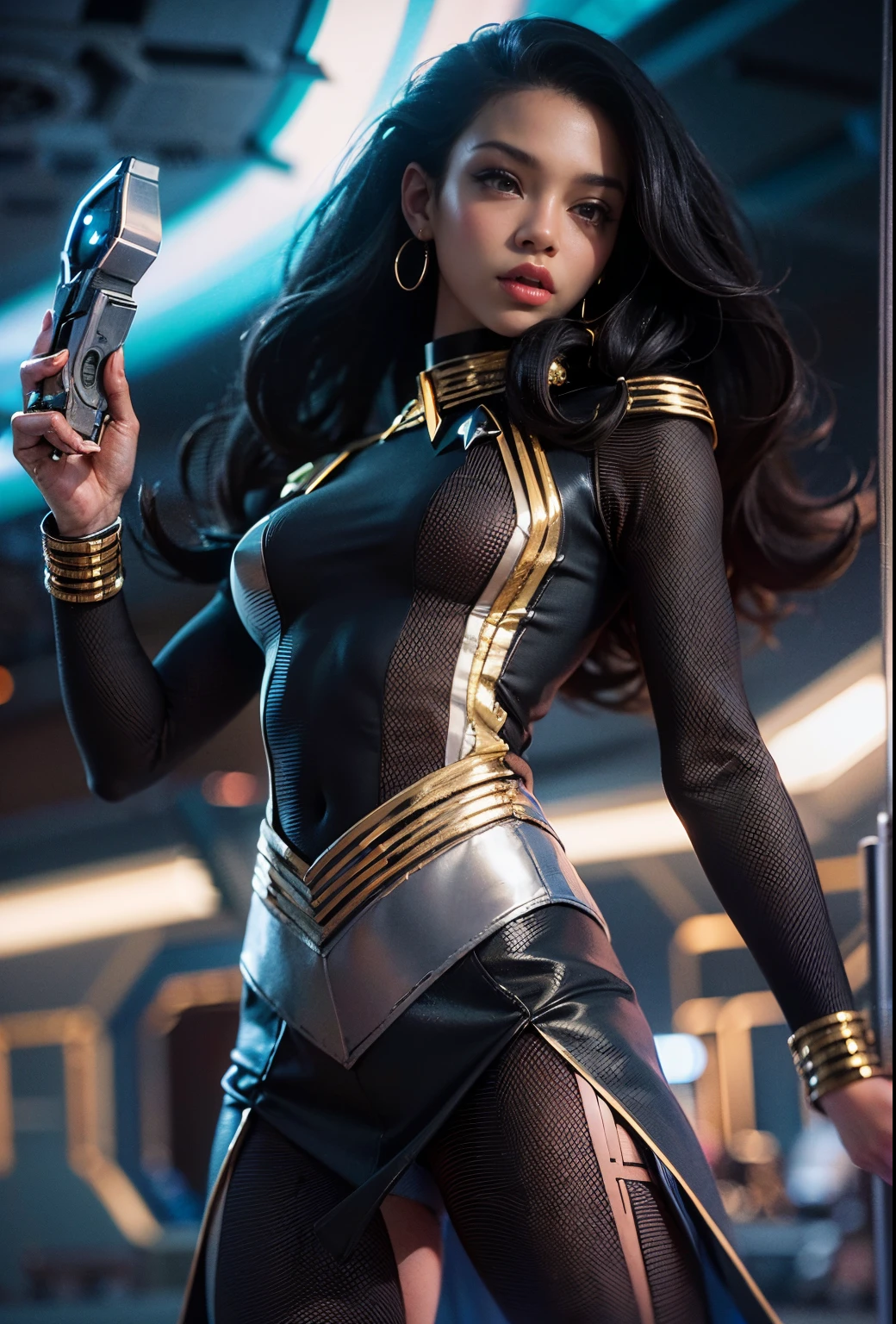 ((21-year-old))), black girl, (((light skin))), (((full body pose))), (((long curly black hair))), (((wearing Star trek uniform dress, pantyhose, and heels))), (((holding a phaser))), (((metal choker))), (((starship scene))), scifi fantasy, Rich, Deep Colours, (intricate details:0.9), (HDR, hyper-detailing:1.2), (natural skin textures, hyper realisitc, glistening skin, soft light, Sharp),