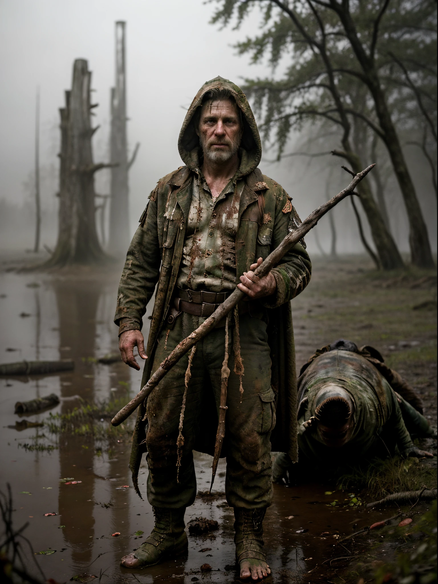 (Realistic:1.5), photorealistic, RAW photo, analog photo style, depth of field, ultra detailed portrait of Swamp Dictor, detailed frown face, dressed in dirty tattered military clothing with hood, 40 years old, he holding a long wooden staff in hand and looking on mutant dog nearly his foots, they are surrounded by a gloomy, foggy hollow, from which chilling sounds can be heard, dinamic pose, atmosphere from "S.T.A.L.K.E.R", faded cinematic colors