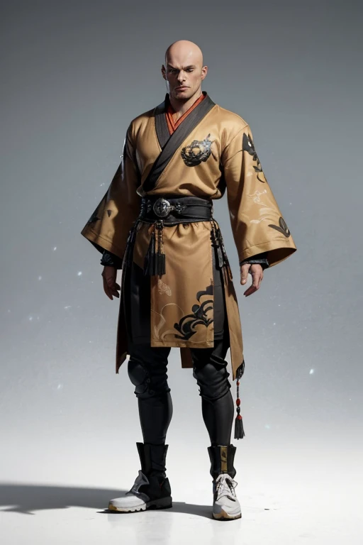 01_(Stylized character concept art), (1.full body figure), (3D character concept), (game character design).
  (Description of the hero), (a young man, a Shaolin monk who combines traditional elements of ancient Chinese martial masters and modern urbanized details of appearance). (A smoothly cropped head, a piercing gaze, this is a fighter, an artist, a cyber-mage. He has a strong physique, a bald head, a strong neck, shoulders, arms, strong legs). (Dressed in a loose silk kimono, decorated with traditional Chinese patterns; flowers, peonies, skulls, birds. A wide belt girds a strong torso, the open chest is covered with rosary beads. Arms and legs are protected by combat protective elements in a futuristic style, cyberpunk, cyber fighter. ! On her feet are cool white shoes, with thick soles!). (His weapon, the magic of fine arts, is armed with a long pole, this is a technological device, vaguely reminiscent of a traditional fighting pole, metal, electronic, cyber weapons. With the help of virtual images, the Fighter Monk is able to recreate various elements in space; dragons, demons, birds, flowers, and dead people. He is depending on the level of accumulated energy and the presence of “primary elements”).
02_The image is made in the style of a concept sheet, white background, (one character, full height), weapons in hands, (spectacular dynamic - combat pose with a pole, creates a combat phantom in space). (Clothing colors, muted orange, metal elements, plastic; Cyberpunk style, future fighter).
03_Stylization, game character concept, white background, one full-length hero. Stylization; fantasy - cyberpunk, Riot Games, League of Legends, World of Warcraft. 3D character, game model, high quality – artistic hand-drawn 2D textures; (diffusion, transparency, glow, relief.) Rich, balanced color scheme, linear graphic outline in black.