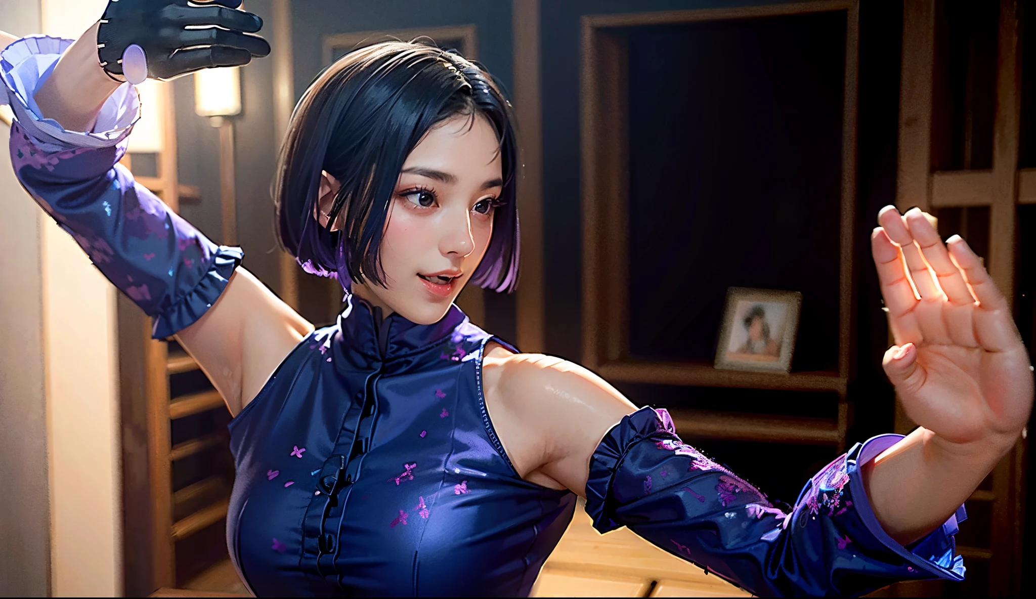 sleeveless、bare hand、A dark-haired、****ta、A smile、20yr old、((top-quality)), ((​masterpiece)), (high-detail:1.3), 。.。.。.。.3D, Beautiful fece , blue-purple clothes、qipao dress