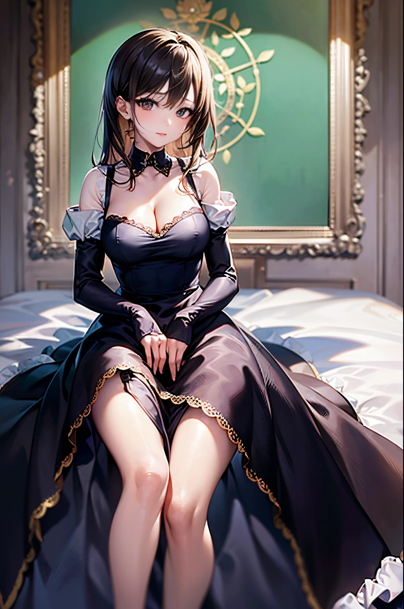 ​masterpiece、top-quality、hight resolution、extremely detailed photo、profetional lighting、A sexy maid、doress、Lori in a dress、gorgeous maid、maid clothes、maid dress、Maid in uniform、Girl in maid clothes、Black ruffled dress、((a blond))、fullllbody、