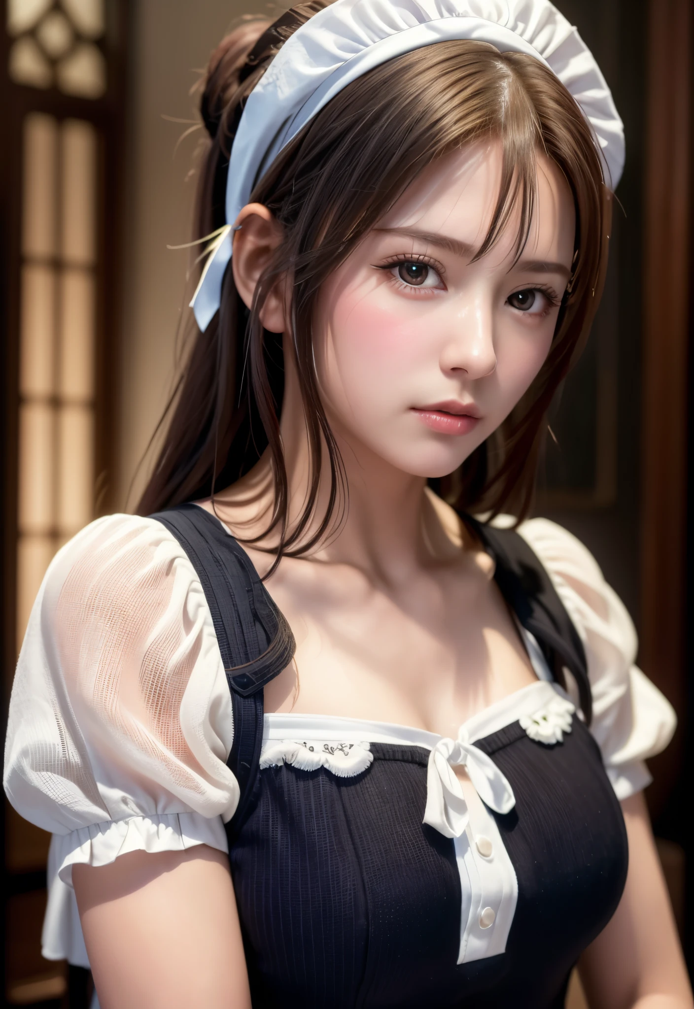 8K, of the highest quality, masutepiece:1.2), (Realistic, Photorealsitic:1.37), of the highest quality, masutepiece, Beautiful young woman, Pensive expression, Thoughtful look, Cute maid clothes, Hair tied back, Messy mood, Cinematic background, Tired, Light skin tone