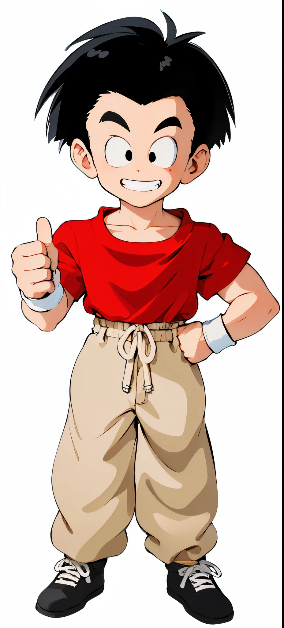 Japanese Guy with red t-shirt and blonde pants, black shoe, black hair