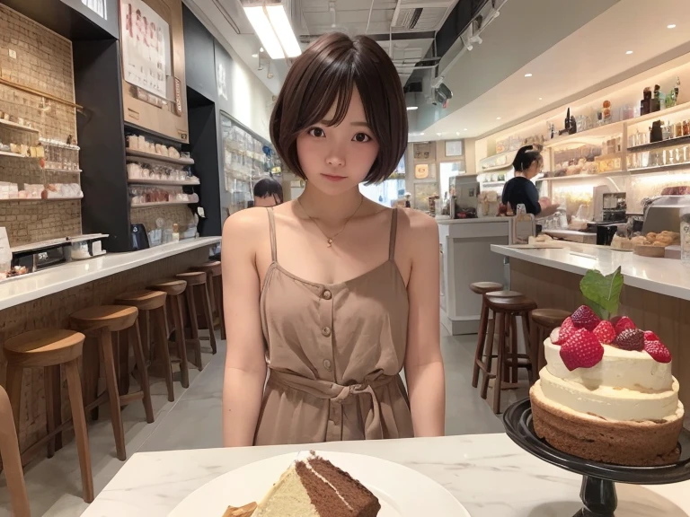 femele、1 persons、24 year old、Shorthair、a cake、cafes、Cross your arms behind your back