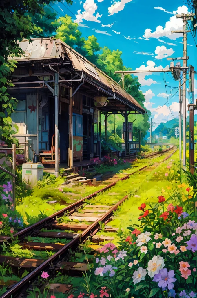Anime scenery of an abandoned station with tracks and flowers, Anime Background Art, Beautiful scenery, train station in summer, Covering tracks with moss, and grass, Electric post next to the railroad tracks, Abandoned stations, cover with ivy, Rust, rural look,((Sharp details )) ,Sunlight falling on flowers and railroad tracks,Peace Scene, Colorful, Contrasty, Digital Painting, Concept art ,((Tileset)) ,