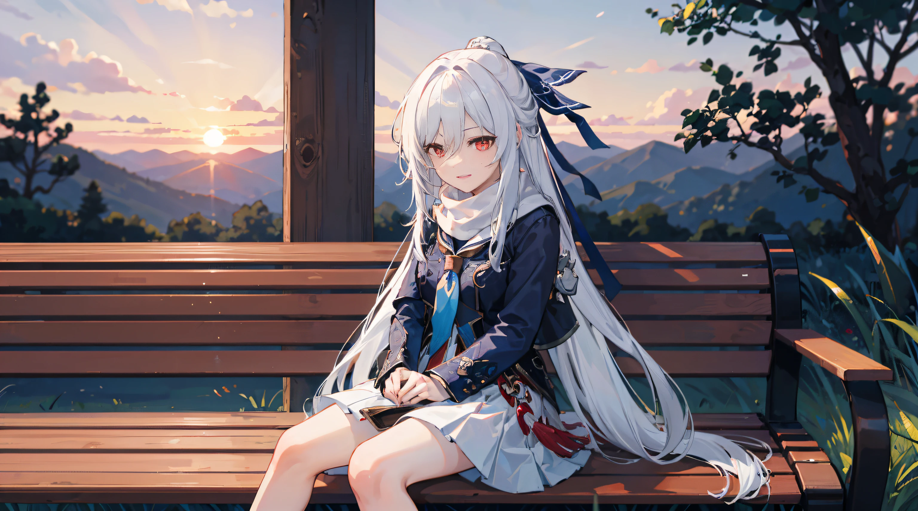 1girl, Best Quality 8K, 1girl, white hair, red eyes, whte dress, white skirt, white sailor collar, white scarf, sitting on bench, hands on the lap, blue sky, sunset, outdoors, smile. look at viewers,