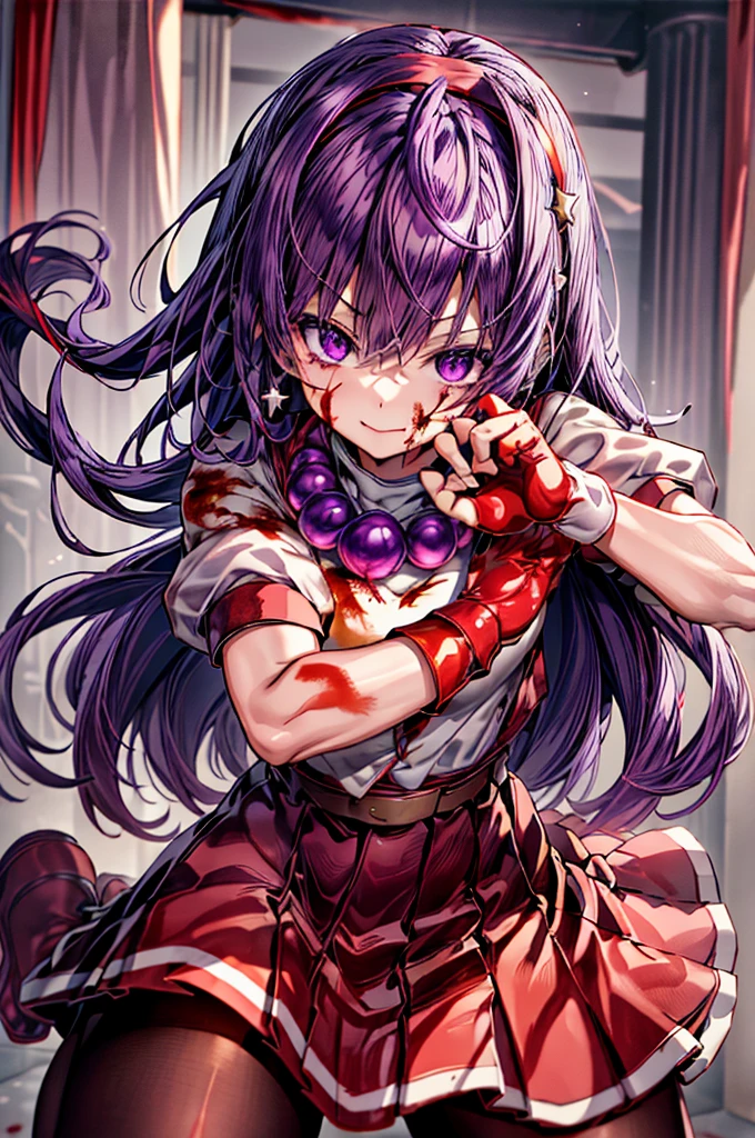 (​masterpiece)、(top-quality)、(ultra-detailliert)、intricate detailes、athena97、(1girl in)、独奏、Purple eyes、Purple hair、length hair、White earrings、red hairband、Star hair ornament、Medium Breath、Red vest、White turtleneck、White Puff Sleeves、shortsleeves、Red pleated skirt、(Crimson pantyhose:1.2)、Black pantyhose、Yellow belt、purple sphere shape necklace、Red fingerless gloves、White short socks、Red shoes、evil smile、NSFW、Cowboy Shots、blurry backround、anime styled、(Blood on the face:1.4)、(Fighting stance:1.4)