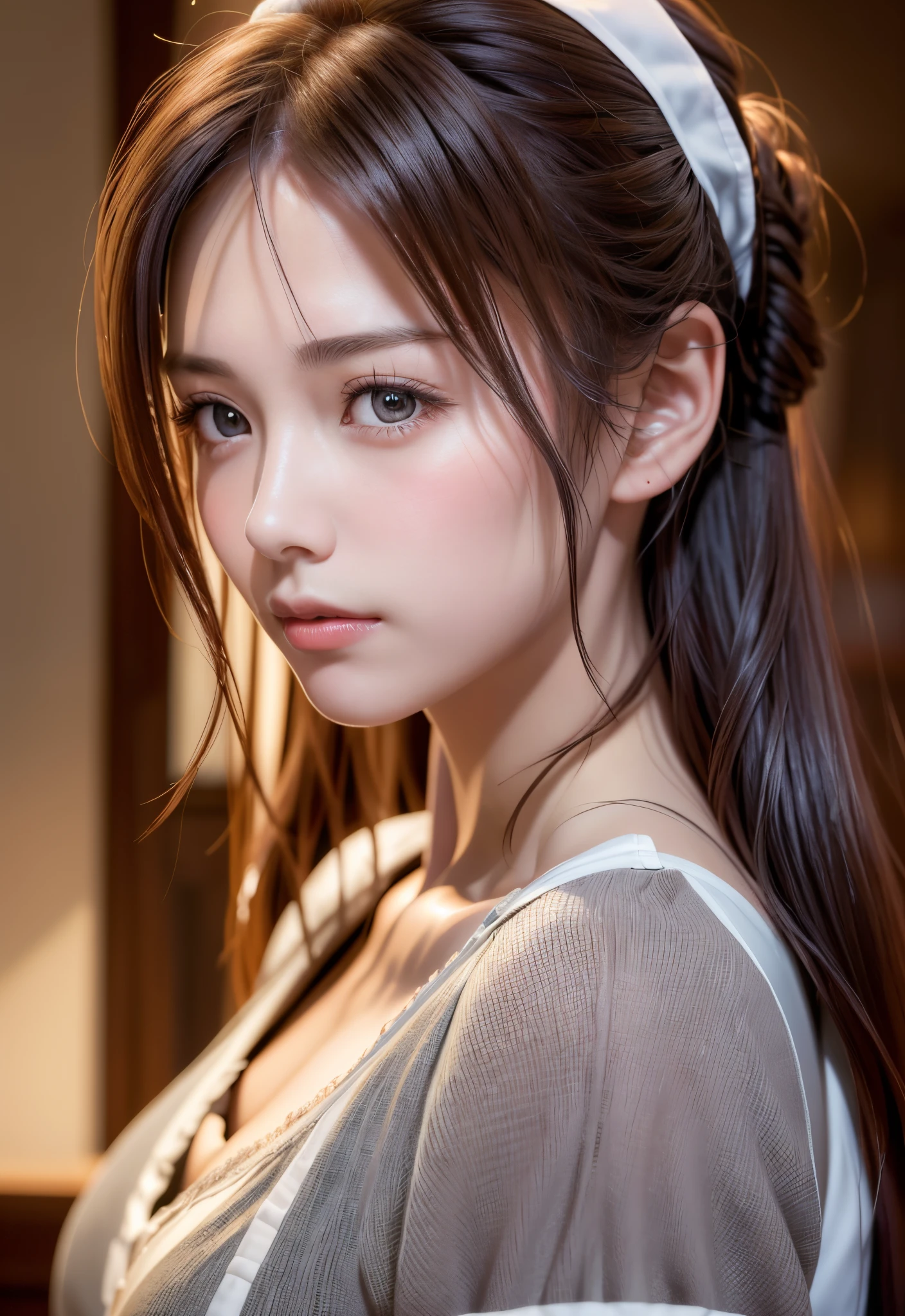 8K, of the highest quality, masutepiece:1.2), (Realistic, Photorealsitic:1.37), of the highest quality, masutepiece, Beautiful young woman, Pensive expression,、A charming、and an inviting look, Cute Maid Clothes, Hair tied back, Cinematic background, Light skin tone