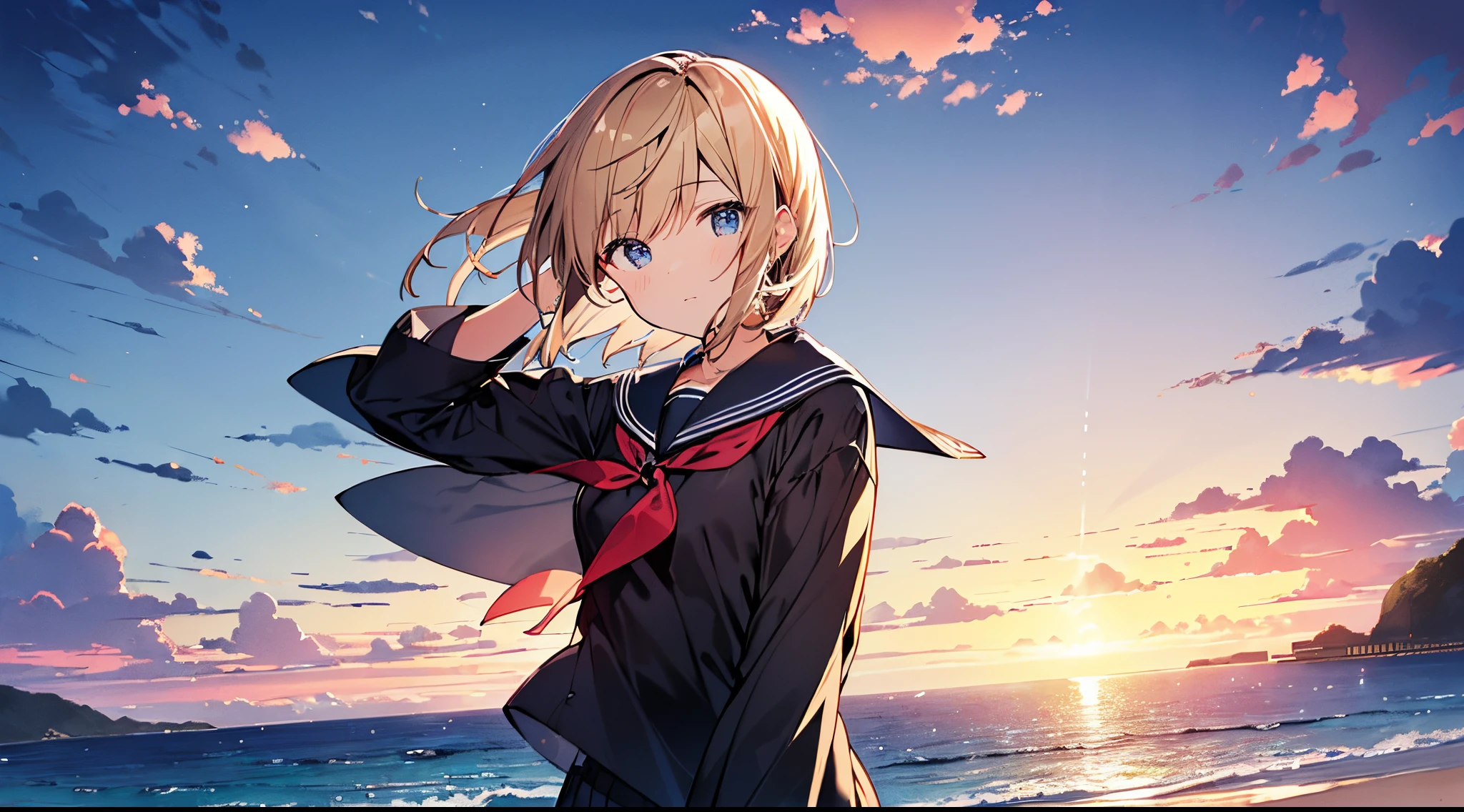 masutepiece, Best Quality,Illustration, Wallpaper, Ultra Detail, absurderes, 1girl in, Solo, (Medium short hair、short braided hair), Beautiful detailed eyes, beautiful detailed fingers,after rain , (ocean type:1.3), Sunset sky after rain、Hair that flutters in the wind,(a panoramic view:1.3),(Sense of depth:1.5),(longshot:1.3)、early evening、(Sunset sky),a sailor suit,The ribbon on my chest is fluttering in the wind,(moderate shaking)