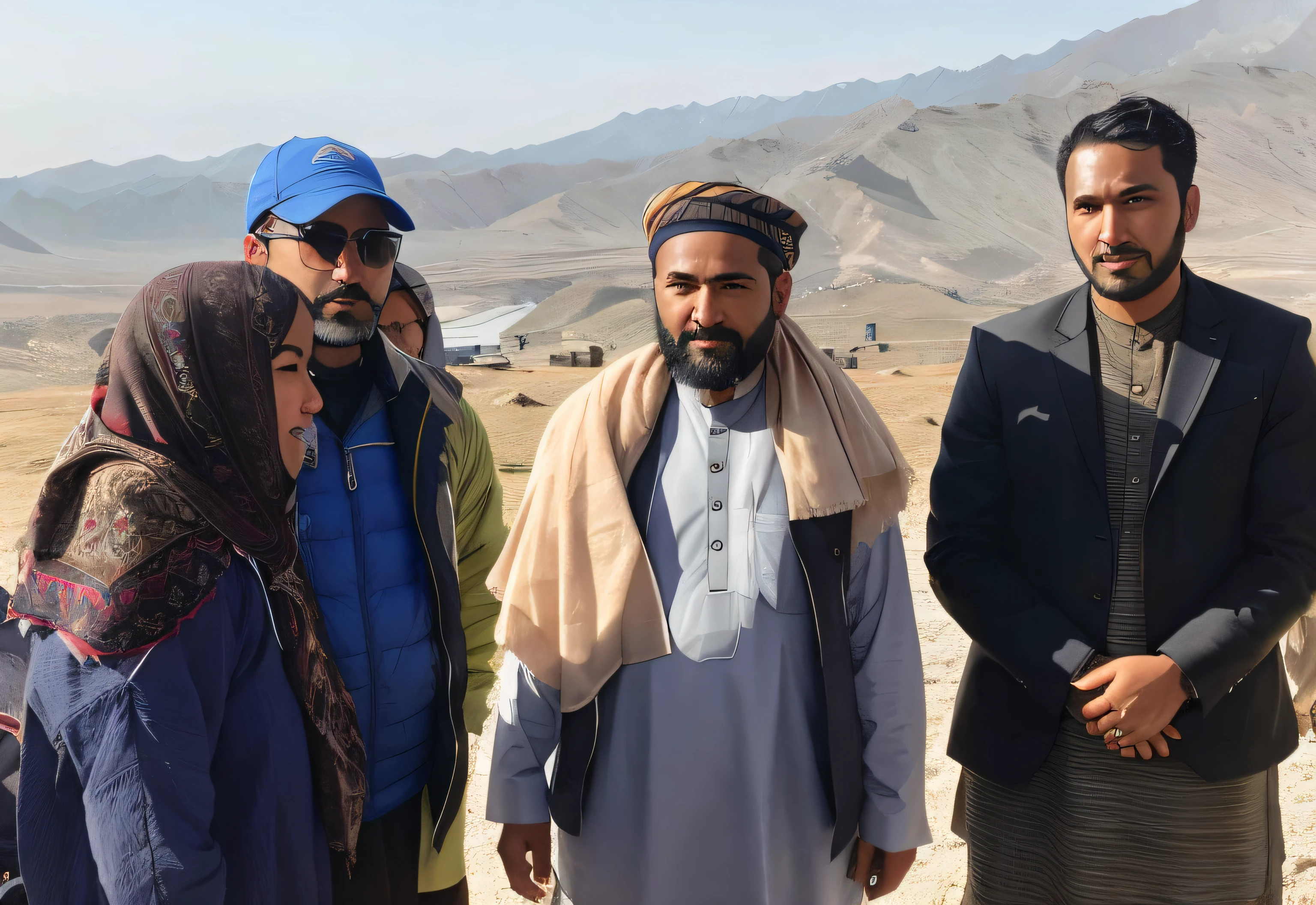 three men and a woman standing in front of a mountain, ash thorp khyzyl saleem, khyzyl saleem, with mountains in background, with mountains in the background, very clear picture, photo from a spectator, politics, detailed picture, an afghan male type, abcdefghijklmnopqrstuvwxyz, awar winning