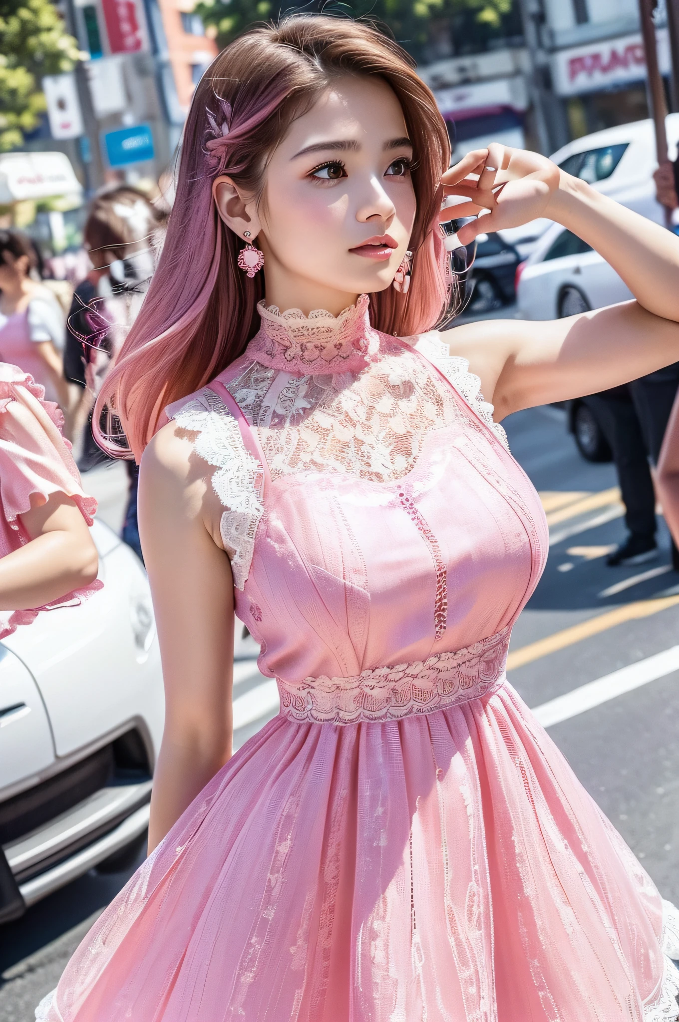 a woman posing on the street corner with pink dress on, best quality, high res, 8k, 1girl, (huge breasts), day, bright, outdoor, (street:0.8), (people, crowds:1), (lace-trimmed dress:1.5, pink clothes:1.5, pink high-neck dress:1.5, sleeveless dress, pink dress: 1.5), gorgeous, (medium hair), beautiful detailed sky, beautiful earrings, (dynamic pose:0.8), (upper body:1.2), soft lighting, wind, shiny skin, looking at viewer,