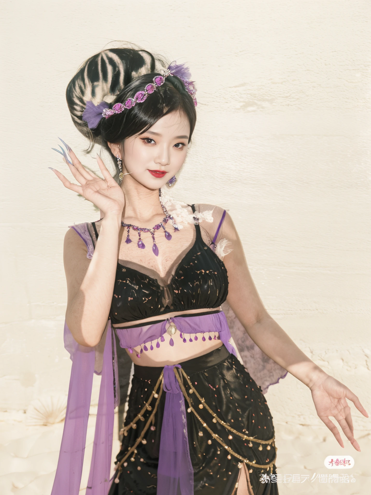 Close up of Asian witch succubus wearing purple and black belly dance bikini dress, mesmerizing eyes，Bigchest，heavy  makeups，fox spirit, long fingernails，Charming and sexy，Seduce men and eat them，Inspired by Li Tang,