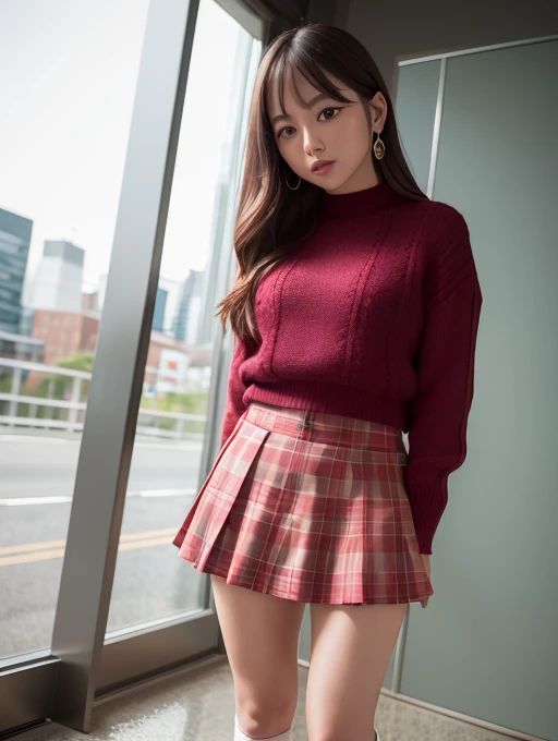 a beauty girl、photorealistic picture、Photo like image quality、Photorealistic face、Realistic body、detailed skin textures、A hyper-realistic、Top image quality、An ultra-high picture quality、see the beholder、8K、hight resolution、The whole body is shown、profetional lighting、Attractive thighs、Beautiful leg line beauty、Smooth knees、on the road、Red tartan check mini skirt、Micro Mini Skirt、Standing Pose、White sneakers、knee high socks