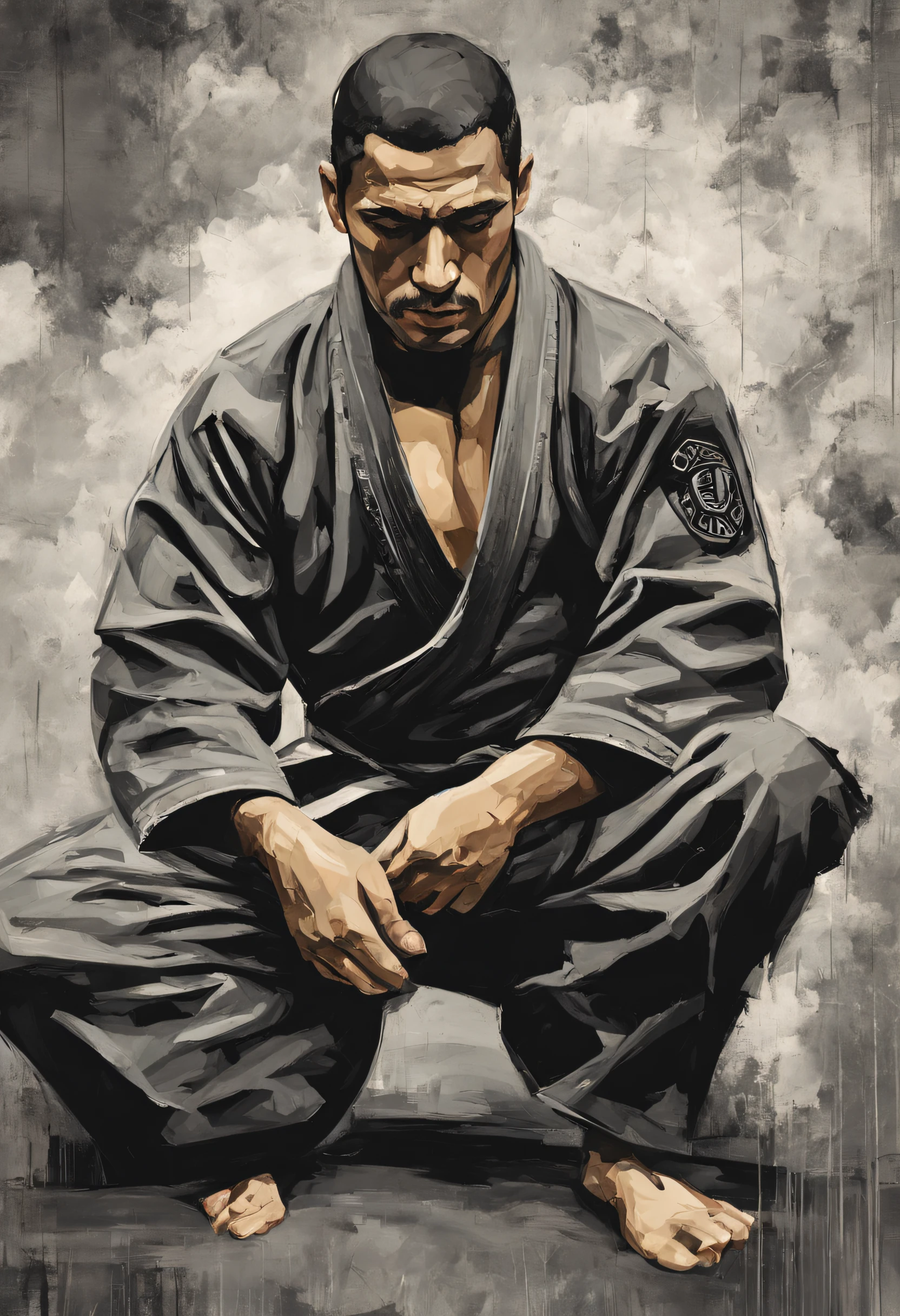 Abstract artistic background. Vintage illustration, (jiu jitsu fighter looking down wearing a black jiujitsu gi 1.5 +++), figures, monocromatic. Textured background. Oil on canvas. modern Art. grey, wallpaper, poster, card, mural, print, wall art --ar 1:3