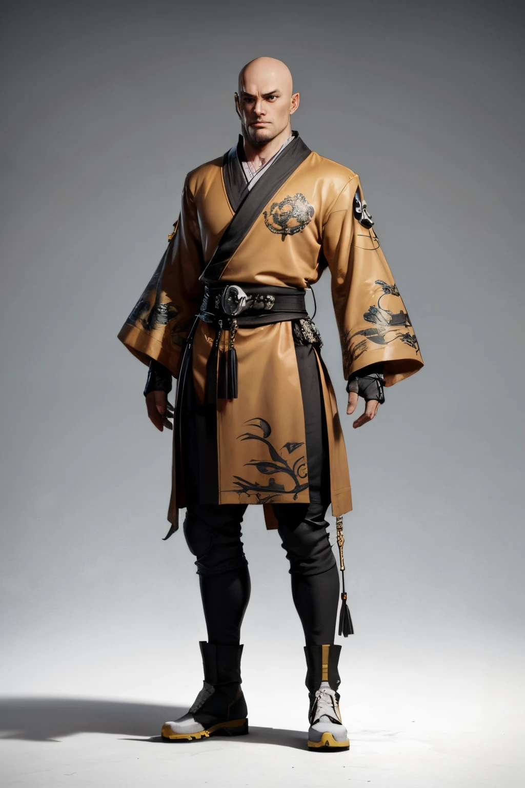 01_(Stylized character concept art), (1.full body figure), (3D character concept), (game character design).
(Description of the hero), (a young man, a Shaolin monk who combines traditional elements of ancient Chinese martial masters and modern urbanized details of appearance). (A smoothly cropped head, a piercing gaze, this is a fighter, an artist, a cyber-mage. He has a strong physique, a bald head, a strong neck, shoulders, arms, strong legs). (Dressed in a loose silk kimono, decorated with traditional Chinese patterns; flowers, peonies, skulls, birds. A wide belt girds a strong torso, the open chest is covered with rosary beads. Arms and legs are protected by combat protective elements in a futuristic style, cyberpunk, cyber fighter. ! On her feet are cool white shoes, with thick soles!). (His weapon, the magic of fine arts, is armed with a long pole, this is a technological device, vaguely reminiscent of a traditional fighting pole, metal, electronic, cyber weapons. With the help of virtual images, the Fighter Monk is able to recreate various elements in space; dragons, demons, birds, flowers, and dead people. He is depending on the level of accumulated energy and the presence of “primary elements”).
02_The image is made in the style of a concept sheet, white background, (one character, full height), weapons in hands, (spectacular dynamic - combat pose with a pole, creates a combat phantom in space). (Clothing colors, muted orange, metal elements, plastic; Cyberpunk style, future fighter).
03_Stylization, game character concept, white background, one full-length hero. Stylization; fantasy - cyberpunk, Riot Games, League of Legends, World of Warcraft. 3D character, game model, high quality – artistic hand-drawn 2D textures; (diffusion, transparency, glow, relief.) Rich, balanced color scheme, linear graphic outline in black.