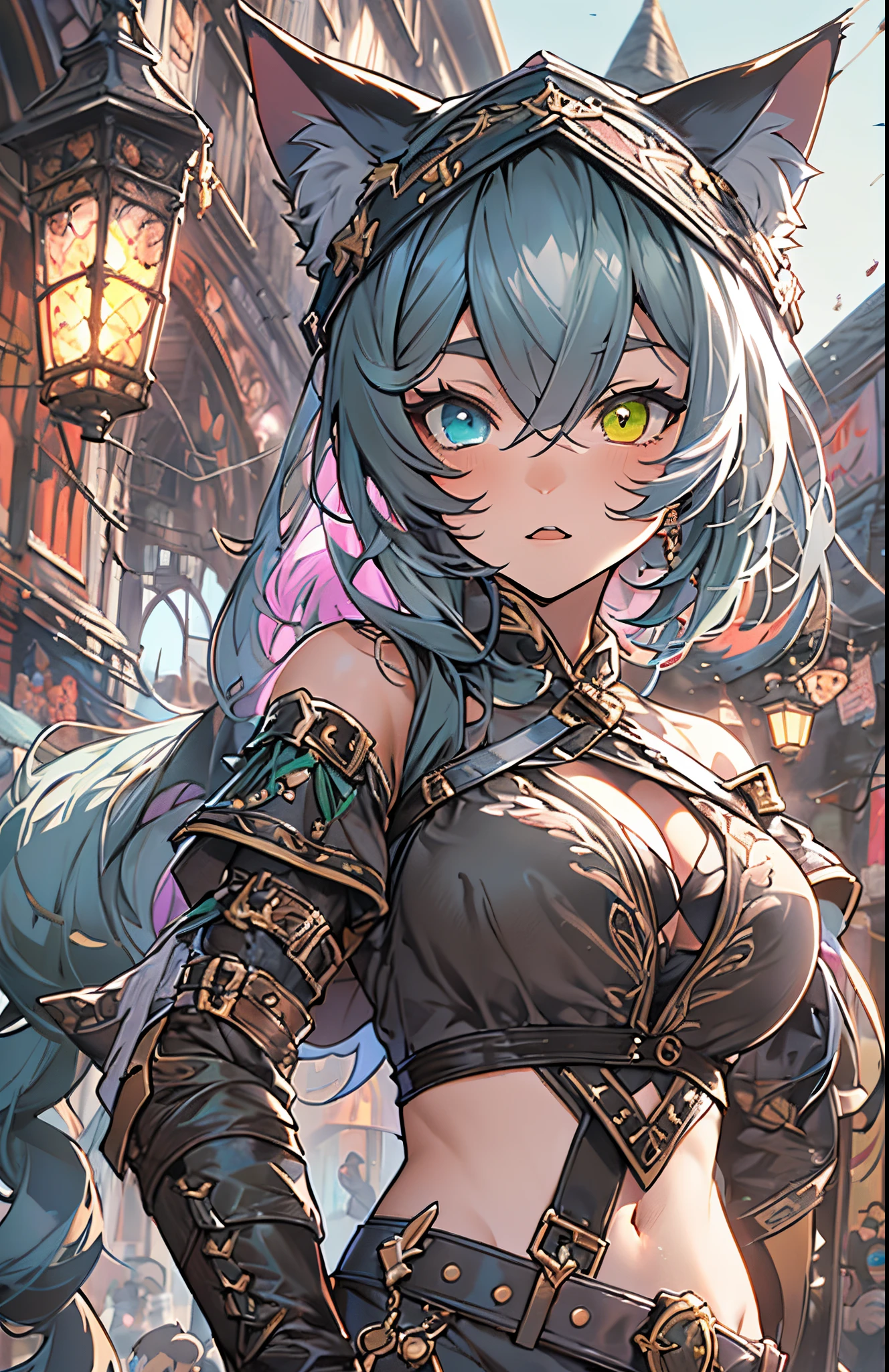 masterpiece, highly detailed, concept art, medium shot, anime style, (catgirl:1.4), cat ears, (heterochromia eyes:1.2), (violet and green multi-colored ponytail hair), cute, Leather outfit, fantasy theme, bustling medieval market background, epic composition, epic proportion, Contrast, HD