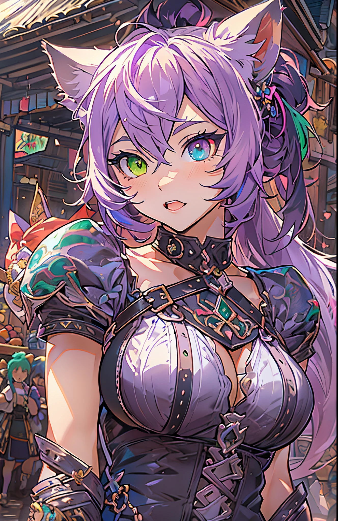 masterpiece, highly detailed, concept art, medium shot, anime style, (catgirl:1.4), cat ears, (heterochromia eyes:1.2), (violet and green multi-colored ponytail hair), cute, Leather outfit, fantasy theme, bustling medieval market background, epic composition, epic proportion, Contrast, HD