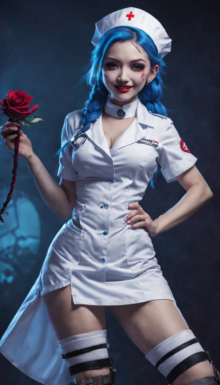 Jinx nurse,nurse hat,(White nurse costume),Rose tattoo,big laughter,Blue twist braid,With a huge needle,The needle stands taller than a person。Runaway Lori,League of Legends ,de cuerpo completo,(kneehigh boots)),purpleish color,(fishnet leggings),(standing on your feet),The background is dark and tough,There is a sense of danger and intensity。