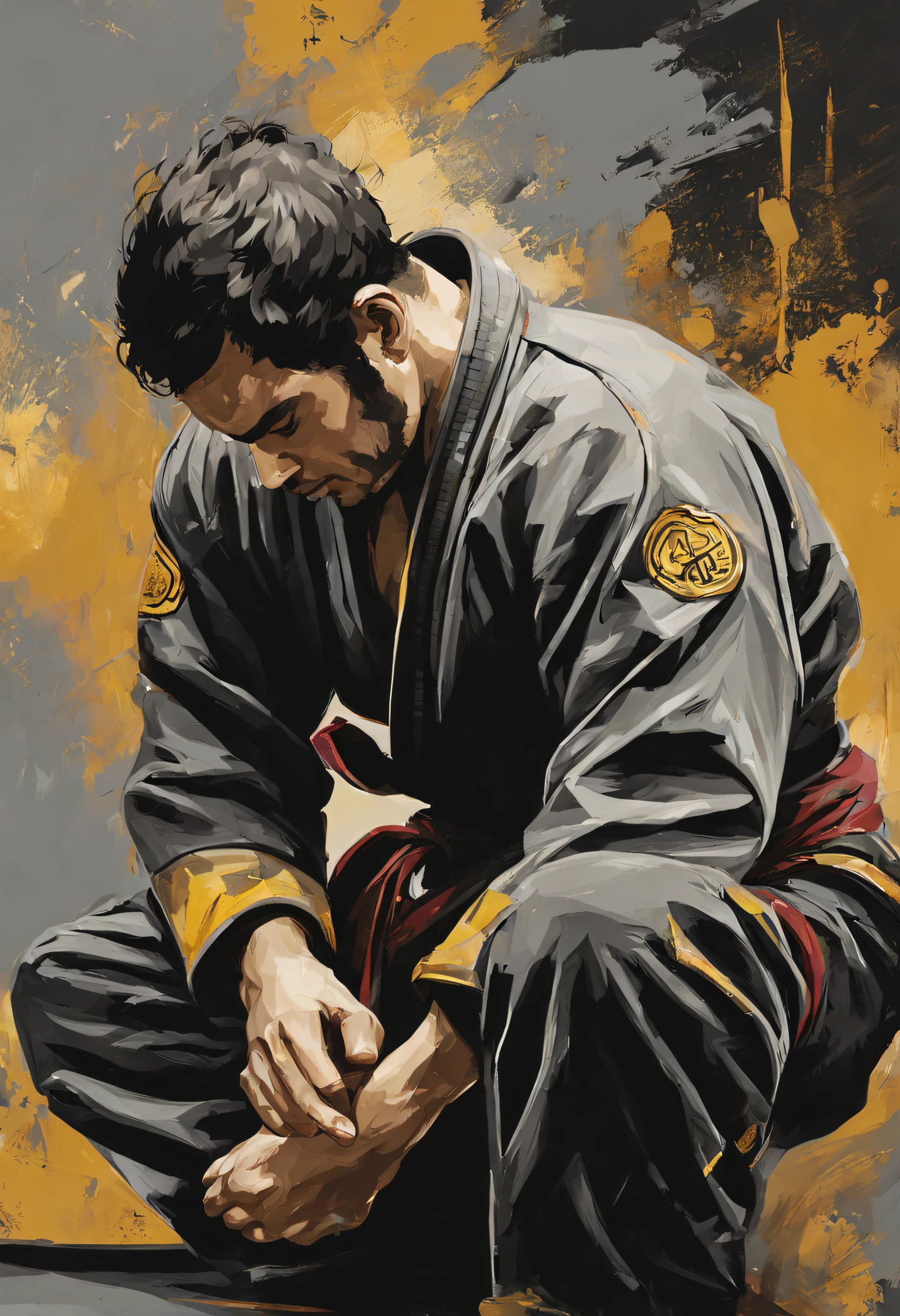 Abstract artistic background. Vintage illustration, (jiu jitsu fighter looking down wearing a black jiujitsu gi 1.5 +++), figures, golden brushstrokes. Textured background. Oil on canvas. modern Art. grey, wallpaper, poster, card, mural, print, wall art --ar 1:3