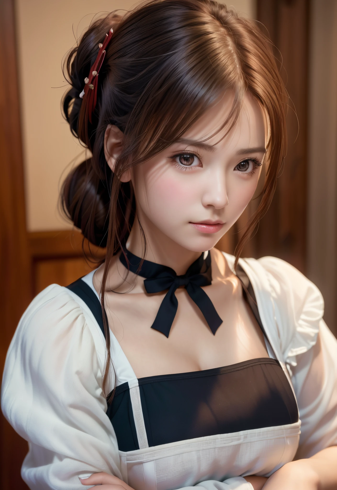 8K, of the highest quality, masutepiece:1.2), (Realistic, Photorealsitic:1.37), of the highest quality, masutepiece, Beautiful young woman, Pensive expression, Thoughtful look, Cute Maid Clothes, Hair tied back, Messy mood, Cinematic background, Tired, Light skin tone