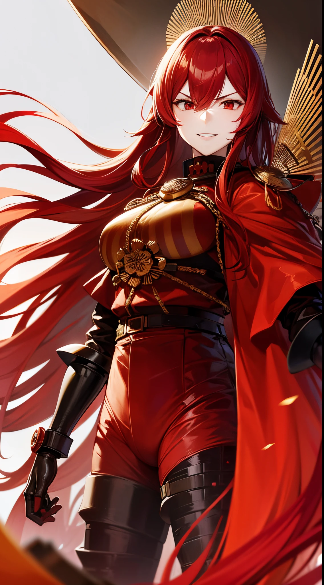 Oda Nobunaga, fate grand order, red hairs, red eyes, red robot armor,  cyberpunked, Skyscrapers, Red Bike, a smile,