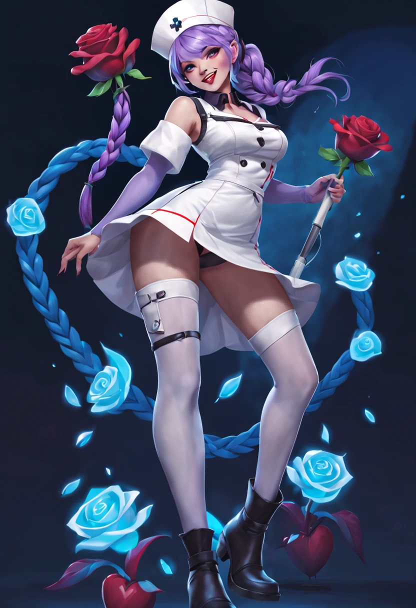 Jinx nurse,nurse hat,(White nurse costume),Rose tattoo,big laughter,Blue twist braid,With a huge needle,The needle stands taller than a person。Runaway Lori,League of Legends ,de cuerpo completo,(kneehigh boots)),purpleish color,(fishnet leggings),(standing on your feet),The background is dark and tough,There is a sense of danger and intensity。