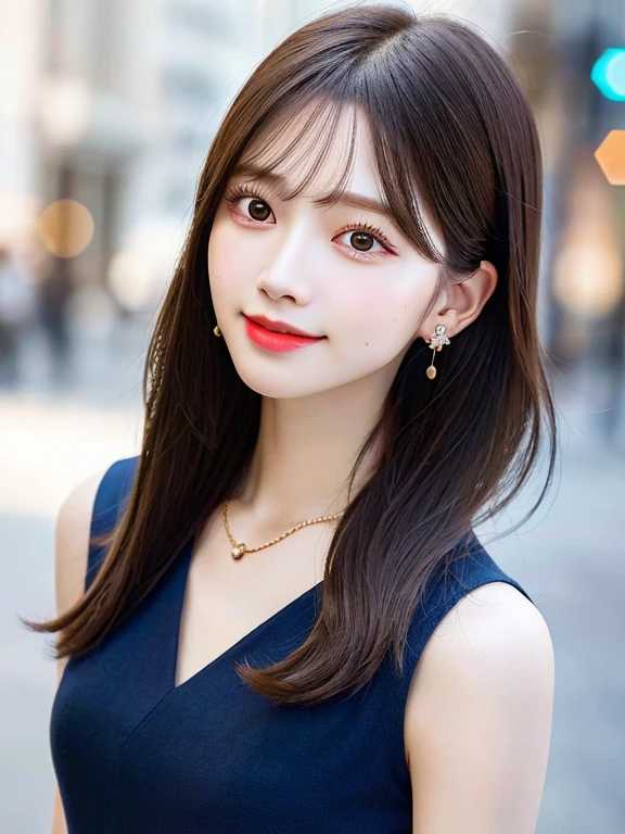 Top Quality, Realistic, 8K, Solo, Smile, Masterpiece, One Girl, Bokeh, Depth of Field, Professional Lighting, High Resolution, Gorgeous, Bangs, Lens Flare, Cute, Photorealistic : 1.37, Earrings, RAW Photography, Absurdity, Watching Viewer, Skindentation, Female, Full Body, Masterpiece: 1.2, Portrait: 0.6, Necklace, pureerosface_v1,　skinny, dynamic pose, mole, floating hair, lips