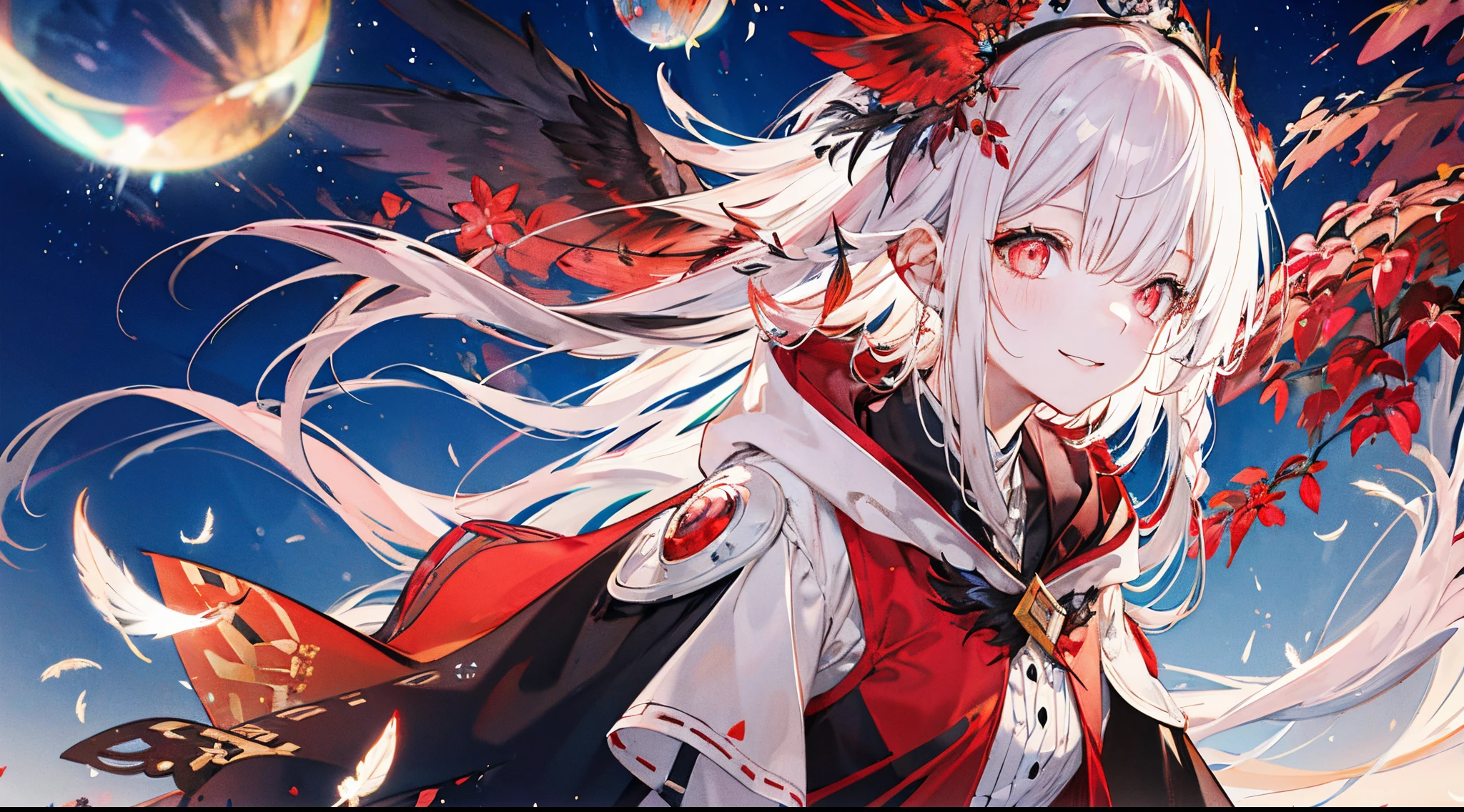 ((tmasterpiece:1.4,Best quality))+,(hyper-detailing)+,(Ultra-detailed eyes)+,(winged ears:1.5),
(cute girls),15year old,(Crimson pupils:1.15),Long dark blond hair,long braid,Bushy hair(wariza:1.2),pale-skinned,seduct smile,Star Crystal,red bird feathers,vacant eyes,Blood-red lips
(She wore a conservative red and yellow bird feather coat,Black pattern,:1.5),(Starry Sky Cloak:1.4)The sleeves are extra-long,Red bird feather headdress,Flame hair,baiyun,A sea of red leaves and vines,Dream bubbles,black fingernails,green leafy corolla,red apple,Purple grapes,With your back to everyone,purple tears,Metal anklet
(bird feathers:1.1),
(dawn light:1.2),
(Thick black and white:1.16),(depth of fields:1.4),Complicated details,color mixing,Detailed route,Excellent,super detailing,The content is very detailed,(hight contrast:1.11),ventania,Amazing cleavage,beautidful eyes,messy hair,(best illuminate,Extremely Delicately Beautiful), ((movie light lighting)), (seen from the side:1.3),8K,tmasterpiece,Best quality,cinematic Film still from,1 plump girl,floating in sky,Intertwined clouds,cloud,(Close-up cleavage:1.1),bright,cheerful,Interesting,gentlesoftlighting,(bauhause,shape,line engineering,Abstract:1.1)offcial art, Unity 8k壁纸, ultra - detailed, Beautiful and beautiful, tmasterpiece, Best quality, (dynamic angle:1.4),romantic depth of field exotic_dances,Perfect NwsjMajic,(tmasterpiece,top-quality,Best quality,offcial art,Beauty and aesthetics:1.2),The content is very detailed,rich colourful,highest details,