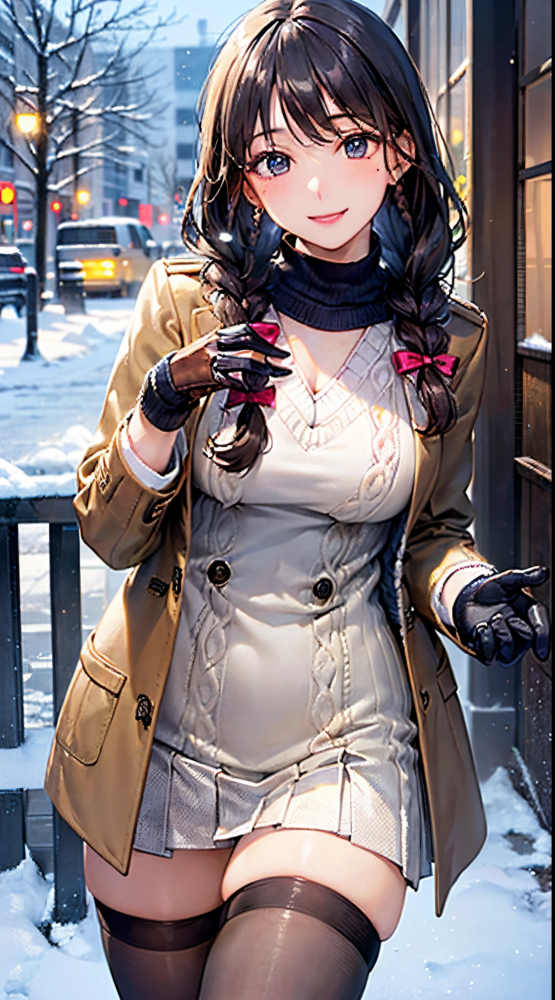 ((((, , perfect anatomy, super detailed skin)))), 1 girl, japanese, 14 years old, shiny skin, large breasts:0.5, watching the view, (smile:1.5), 
beautiful hair, beautiful face, beautiful detailed eyes, (middle hair:1.5, twin braid:1.7), 
beautiful clavicle, beautiful body, beautiful chest, beautiful thigh, beautiful legs, babyface, , , mole under eye, 
((winter clothes, navy school uniform, long sleeves, navy pleated skirt, sailor collar, light brown cardigan, black thigh-highs, 
((brown medium coat, muffler, knitted gloves)), extremely sexy, seductive thighs)), white panties, 
(beautiful scenery), winter, evening, hokkaido, sapporo, outdoors, snow, snowfall:1.5, freezing weather, frost, walking, holding a phone, 
(8k, top-quality, masterpiece​:1.2, extremely detailed, , ), (photorealistic), beautiful illustration, cinematic lighting,