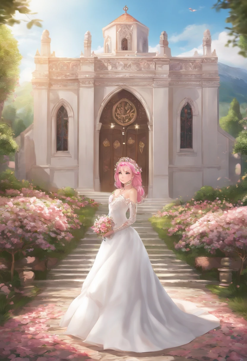 Sakura Haruno, ((Solo)), Alone, bride, Wearing White wedding dress, queen, Happy, ((forehead to show)), Standing, Entering the Church, Pink hair, Short hair, Delicate, 年轻, Short hair, Detailed face, High Definition, ((Full body)), (Flowers around her), Full body, She is a beautiful woman to marry, face with high quality, Beautiful, Radiant