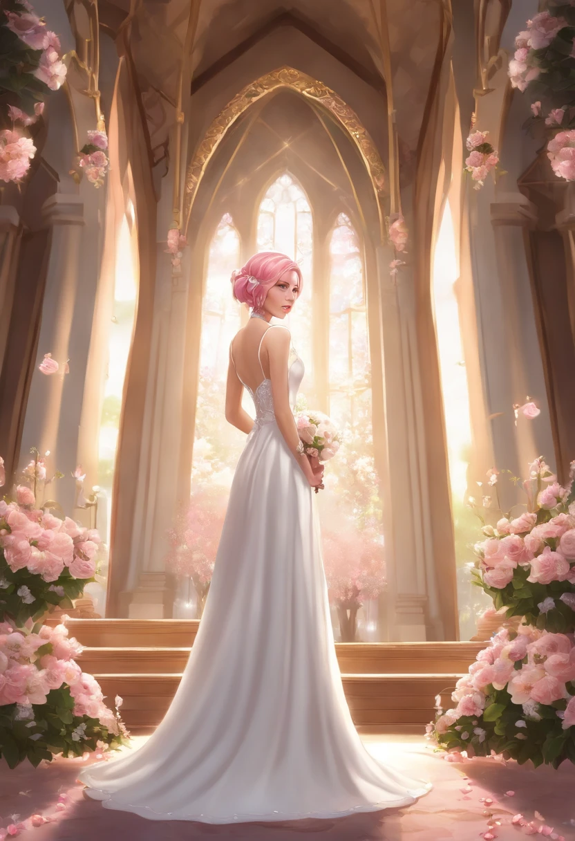 Sakura Haruno, ((Solo)), Alone, bride, Wearing White wedding dress, queen, Happy, ((forehead to show)), Standing, Entering the Church, Pink hair, Short hair, Delicate, 年轻, Short hair, Detailed face, High Definition, ((Full body)), (Flowers around her), Full body, She is a beautiful woman to marry, face with high quality, Beautiful, Radiant