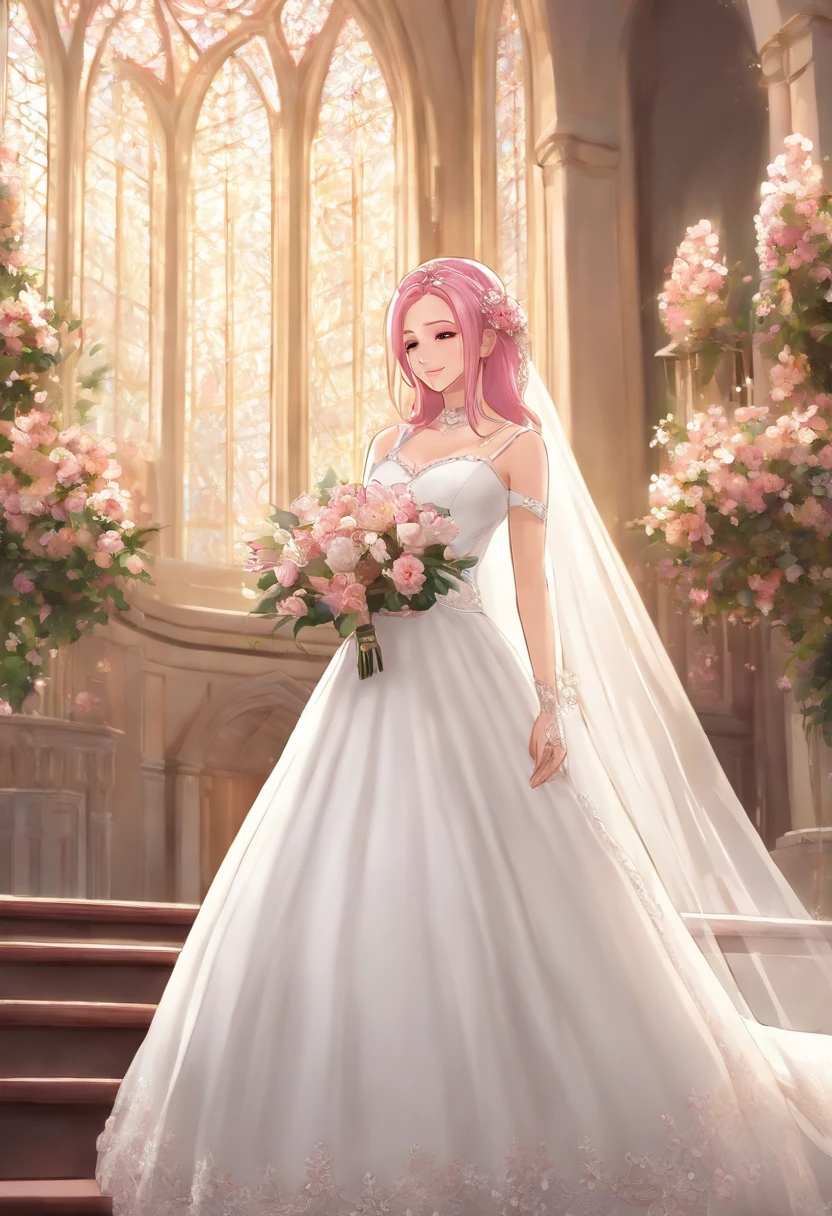 Sakura Haruno, ((Solo)), Alone, bride, Wearing White wedding dress, queen, Happy, ((forehead to show)), Standing, Entering the Church, Pink hair, Short hair, Delicate, 年轻, Short hair, Detailed face, High Definition, ((Full body)), (Flowers around her), Full body, She is a beautiful woman to marry, face with high quality, Beautiful, Radiant