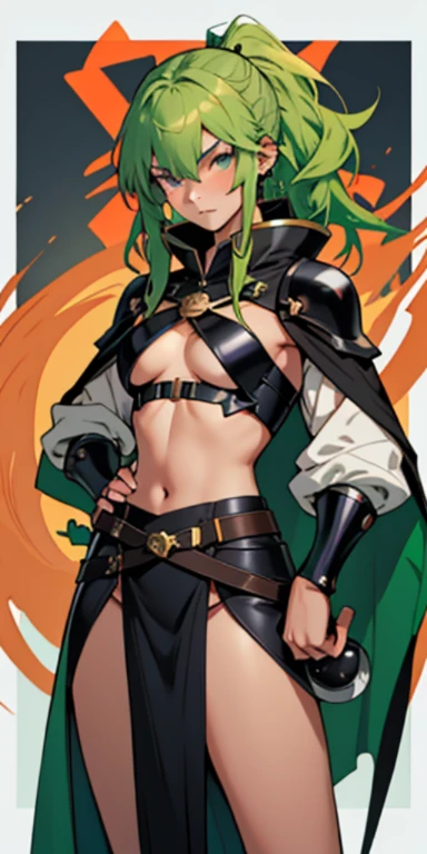 cartoon image of a girl with green hair and a cape, Girl in a revealing robe, rogue anime girl, pin on anime, The Killer Girl, black shiny armor, ???? ????? and abdomen, Holy Necromancer Girl, Charming Killer Princess, Hands folded on his stomach
